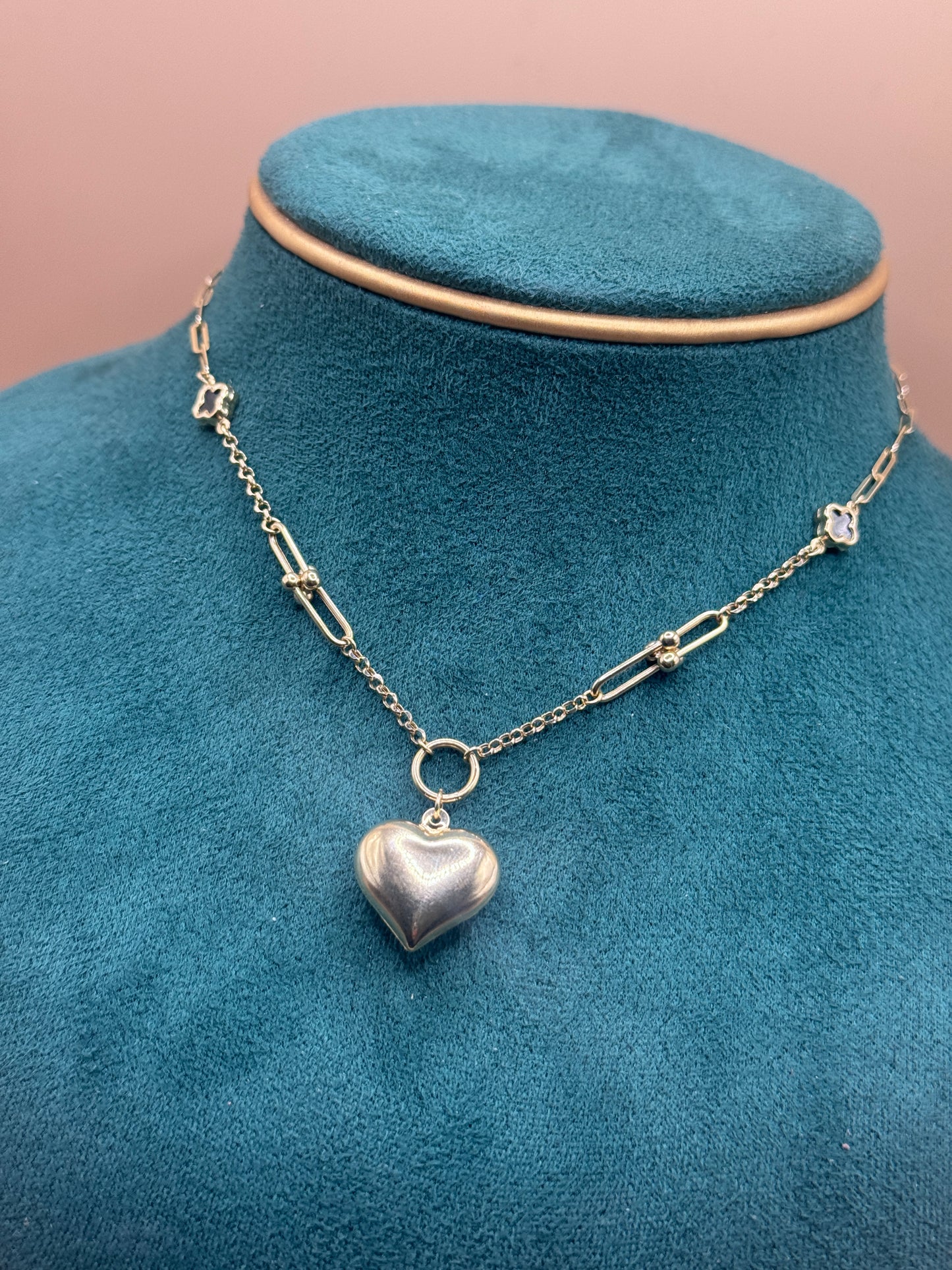 14K Gold Paperclip Charm Necklace 16” – Puff Heart Pendant with Clover Charms, Dainty Gold Necklace for Women