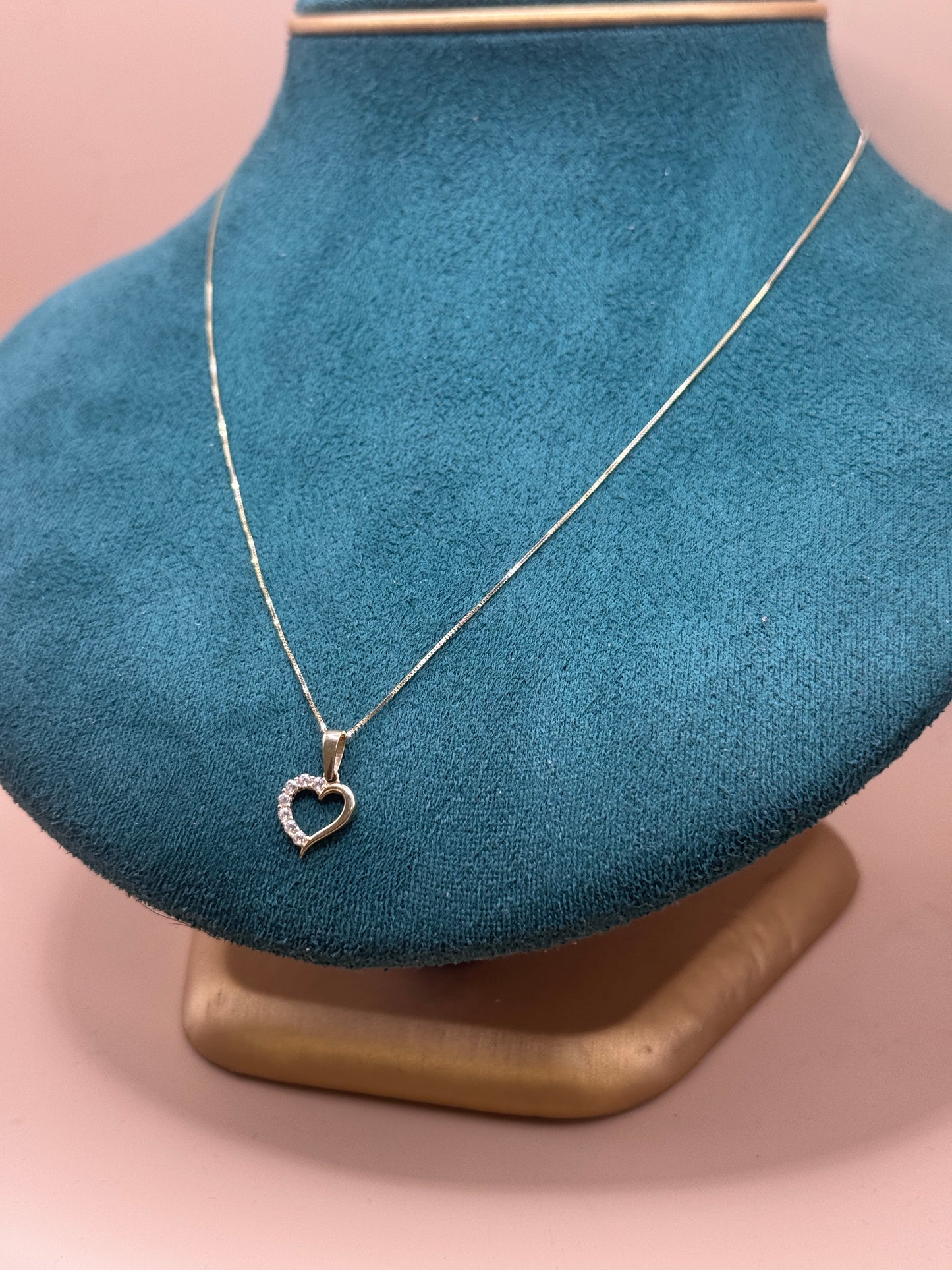 14K Solid Gold Box Chain Necklace 18 Inch with heart CZ Pendant, Dainty Gold Necklace, Minimalist Everyday Jewelry, Gift for Her