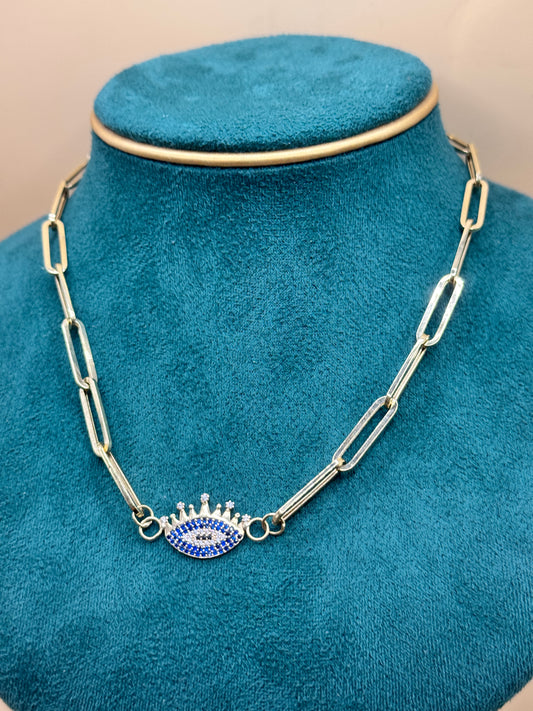 14K Gold Paperclip Chain – 18” with Blue Evil Eye Pendant