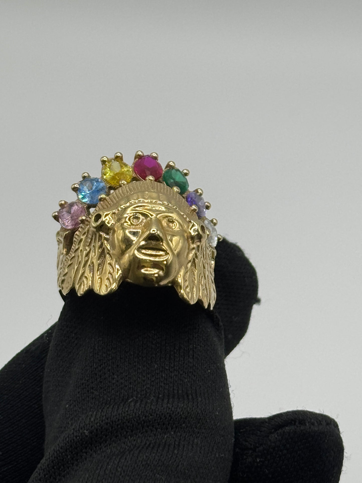 14K Gold Indian Ring with Multi-Stone Head for men size 10”