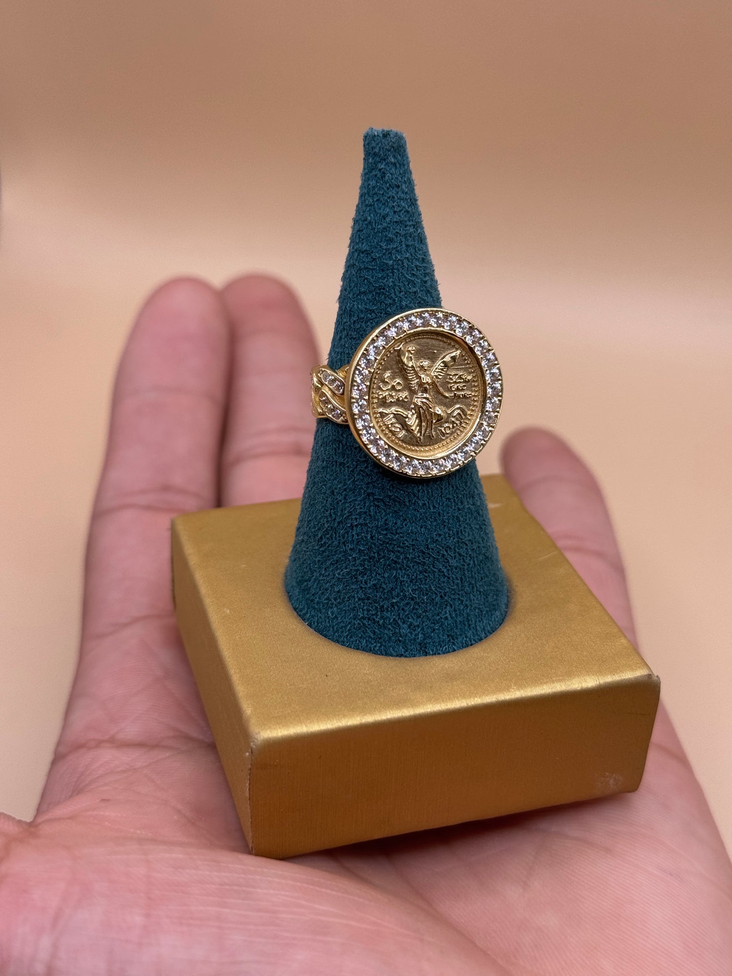 14K Gold 50 Pesos Coin Ring with CZ Size 7 – Women’s Statement Ring, Real Gold Coin Jewelry