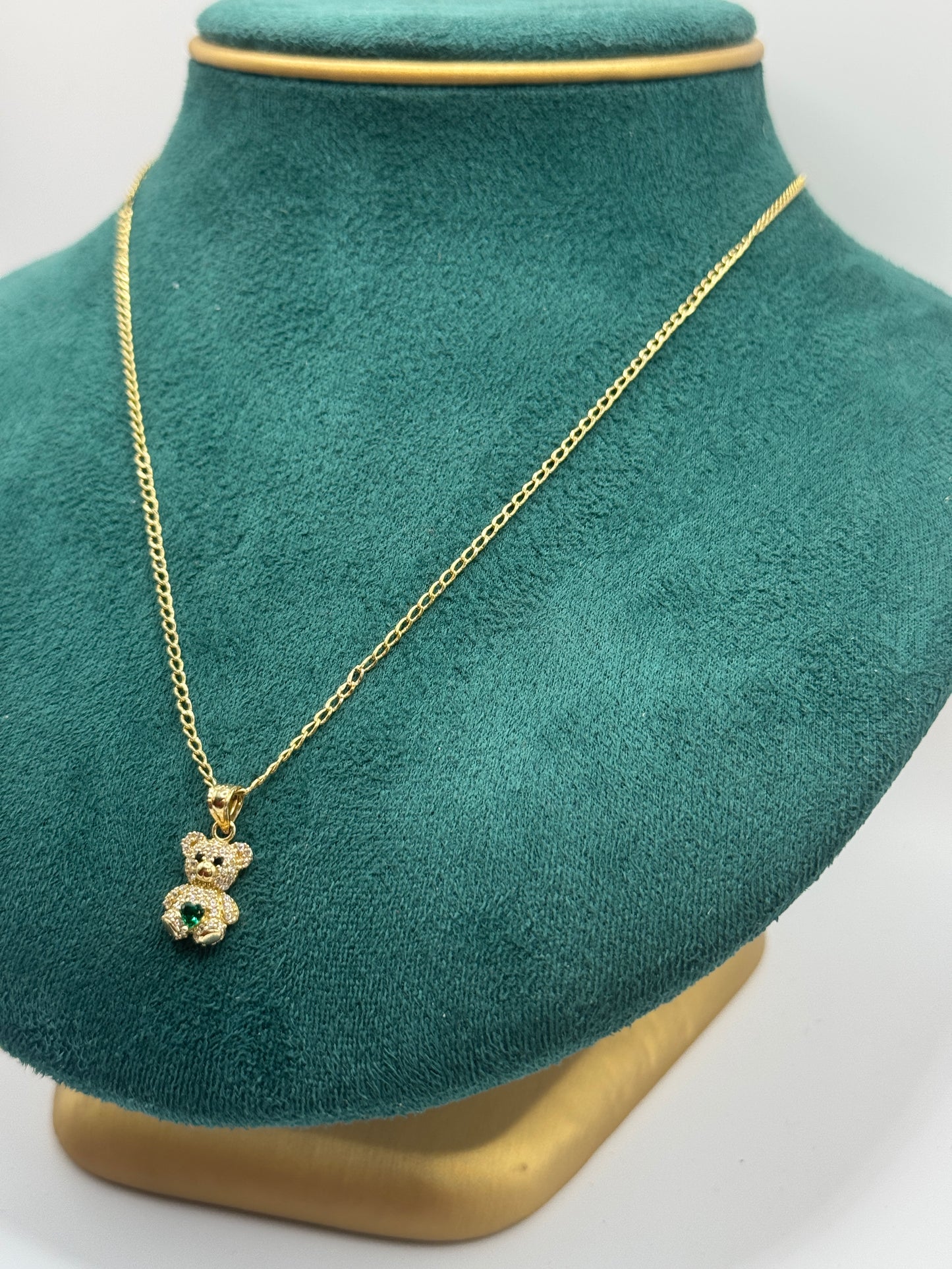 💎 14K  20” long Gold Curb Link Chain with Teddy Bear Pendant & Green Stone – Unisex