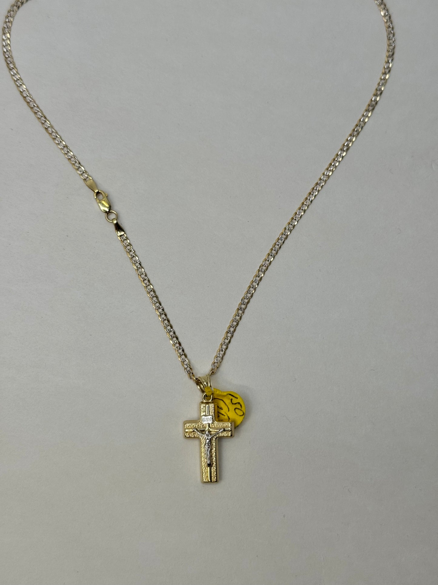 14k Gold 2 tone 16 inch curbed link chain with crucifix pendant