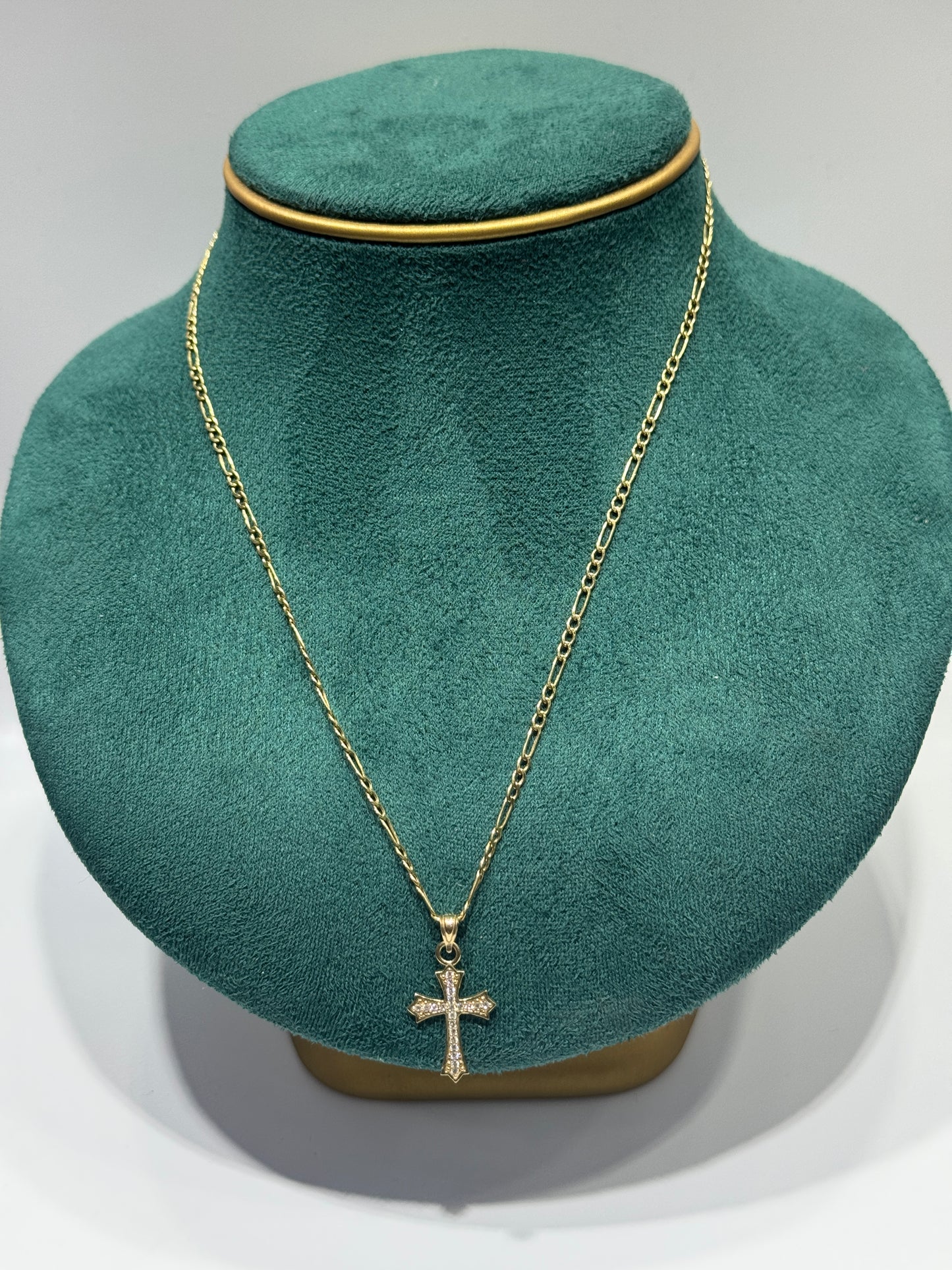 14k gold figaro necklace 18 inch long with cross ZC pendant unisex ￼