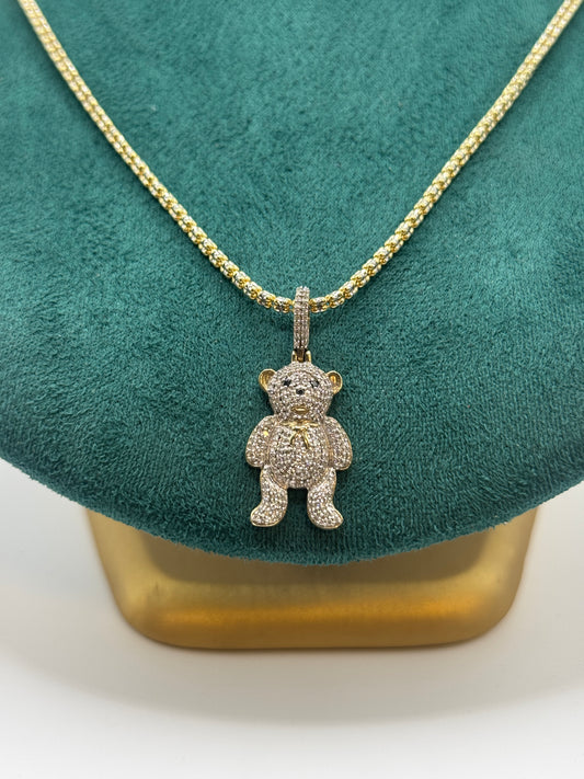 14K Gold Iced Chain 20” long with Diamond Teddy Bear Pendant – Unisex Statement