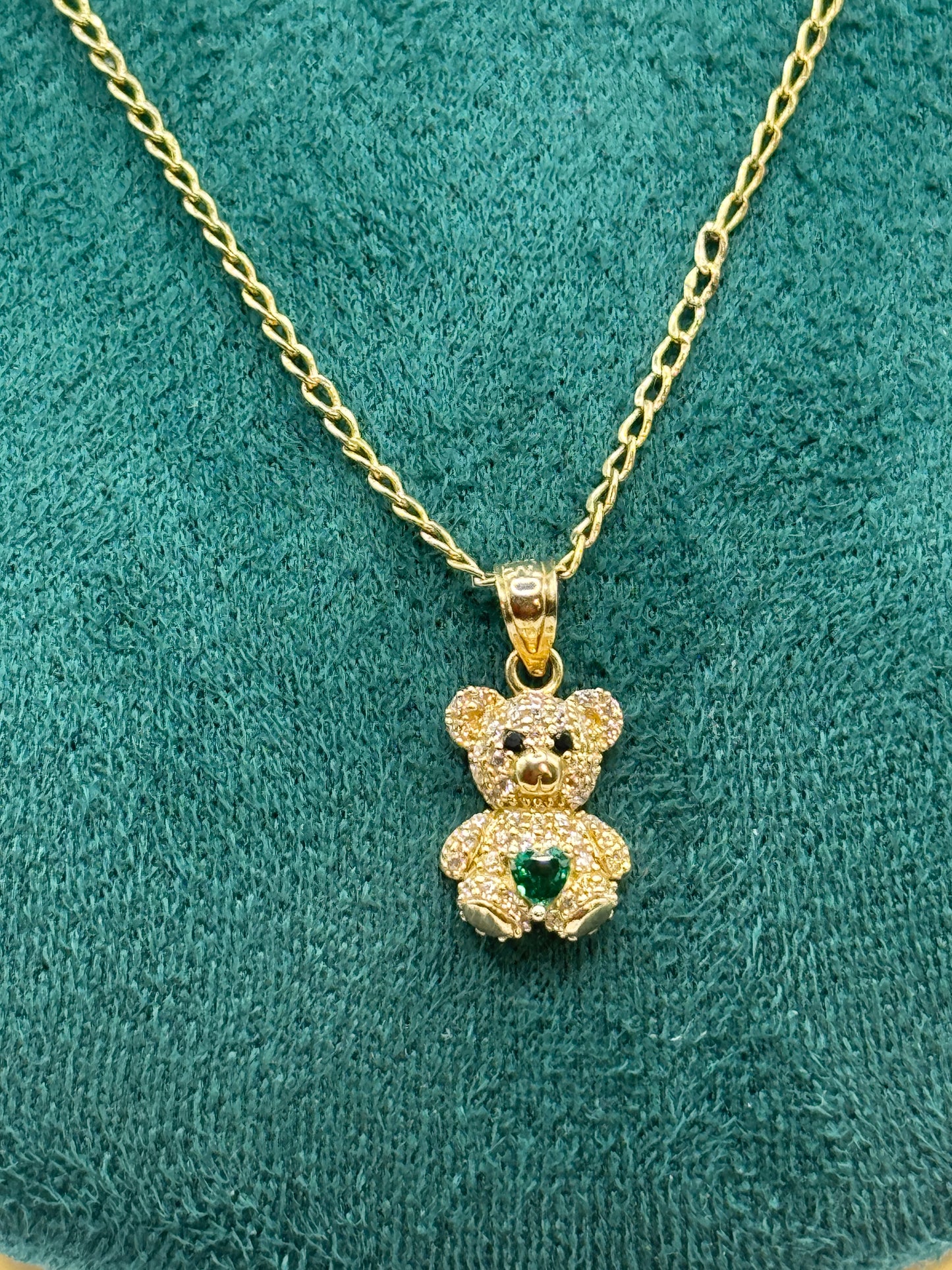 💎 14K  20” long Gold Curb Link Chain with Teddy Bear Pendant & Green Stone – Unisex