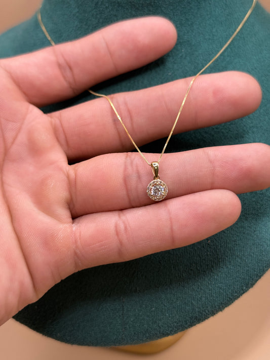 14K Solid Gold Box Chain Necklace 16 Inch with Round CZ Pendant, Dainty Gold Necklace, Minimalist Everyday Jewelry, Gift for Her
