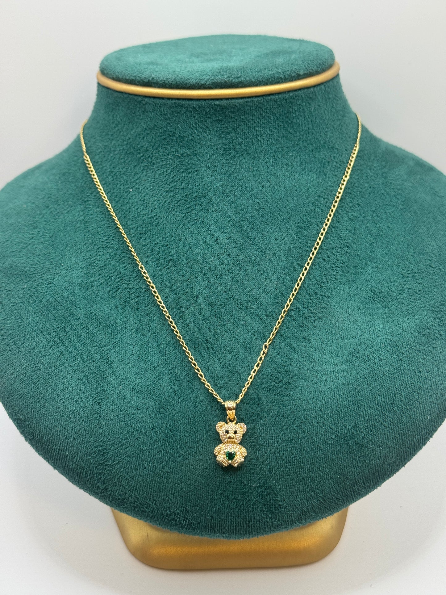 💎 14K  20” long Gold Curb Link Chain with Teddy Bear Pendant & Green Stone – Unisex