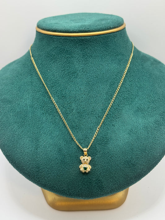 💎 14K  20” long Gold Curb Link Chain with Teddy Bear Pendant & Green Stone – Unisex