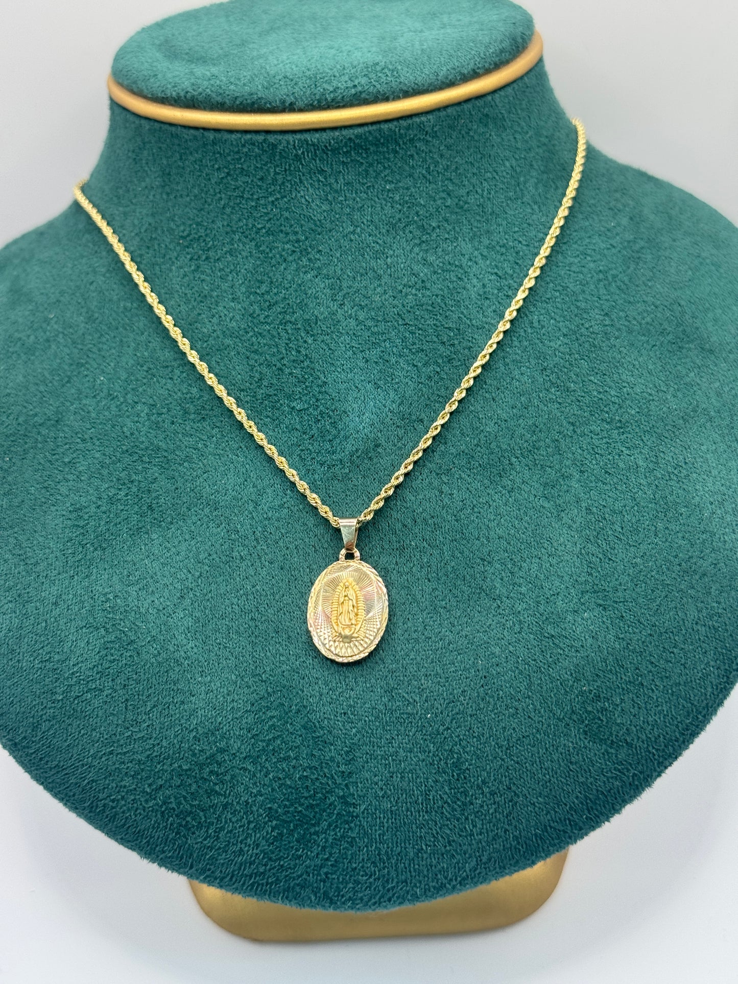 14K Gold Rope Chain – 16” with Virgin Mary Pendant