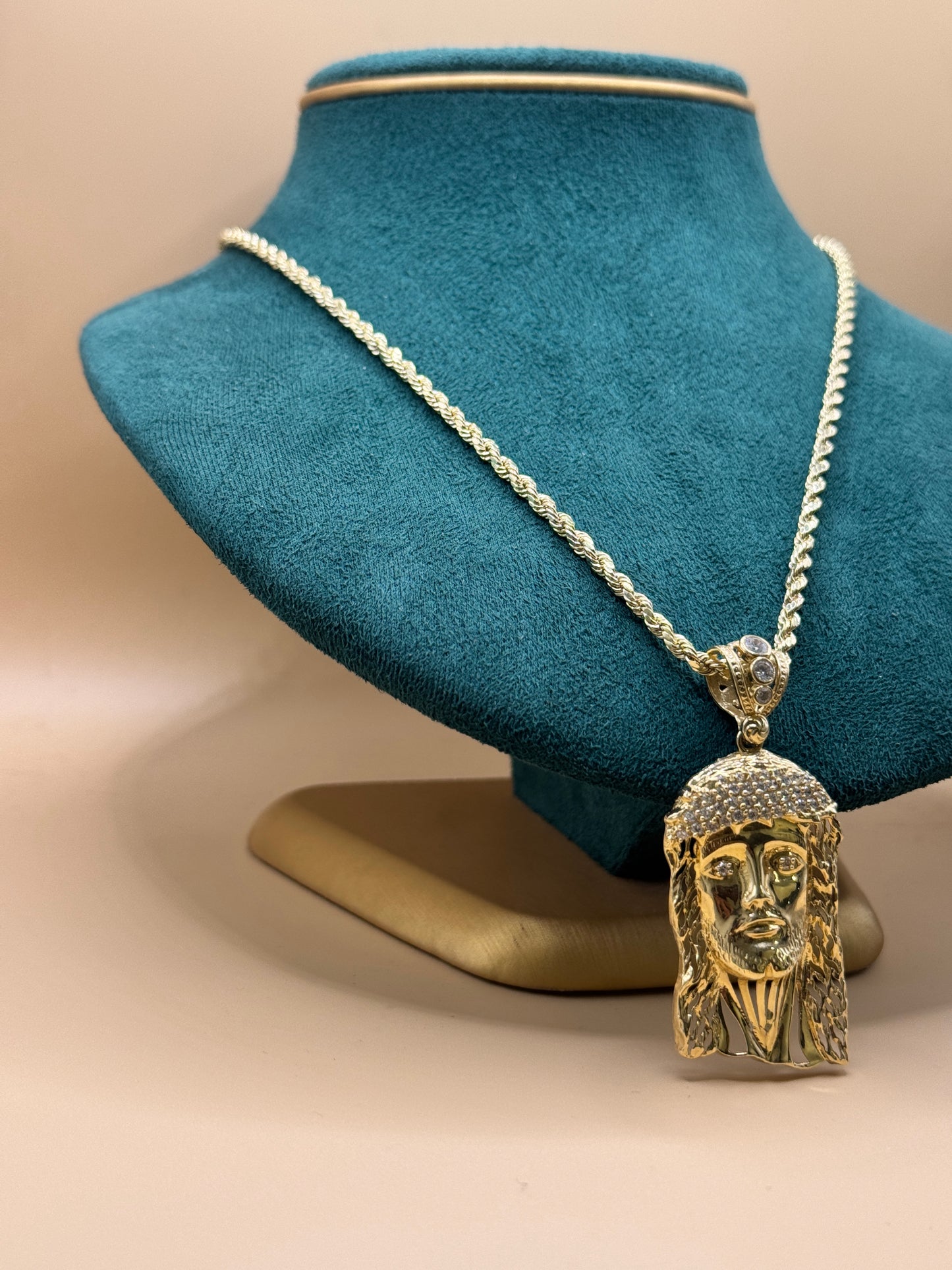 14K Gold Rope Chain 22” with Jesus Face Pendant – Real Gold Necklace 13–16g, Religious Jewelry for Men & Women