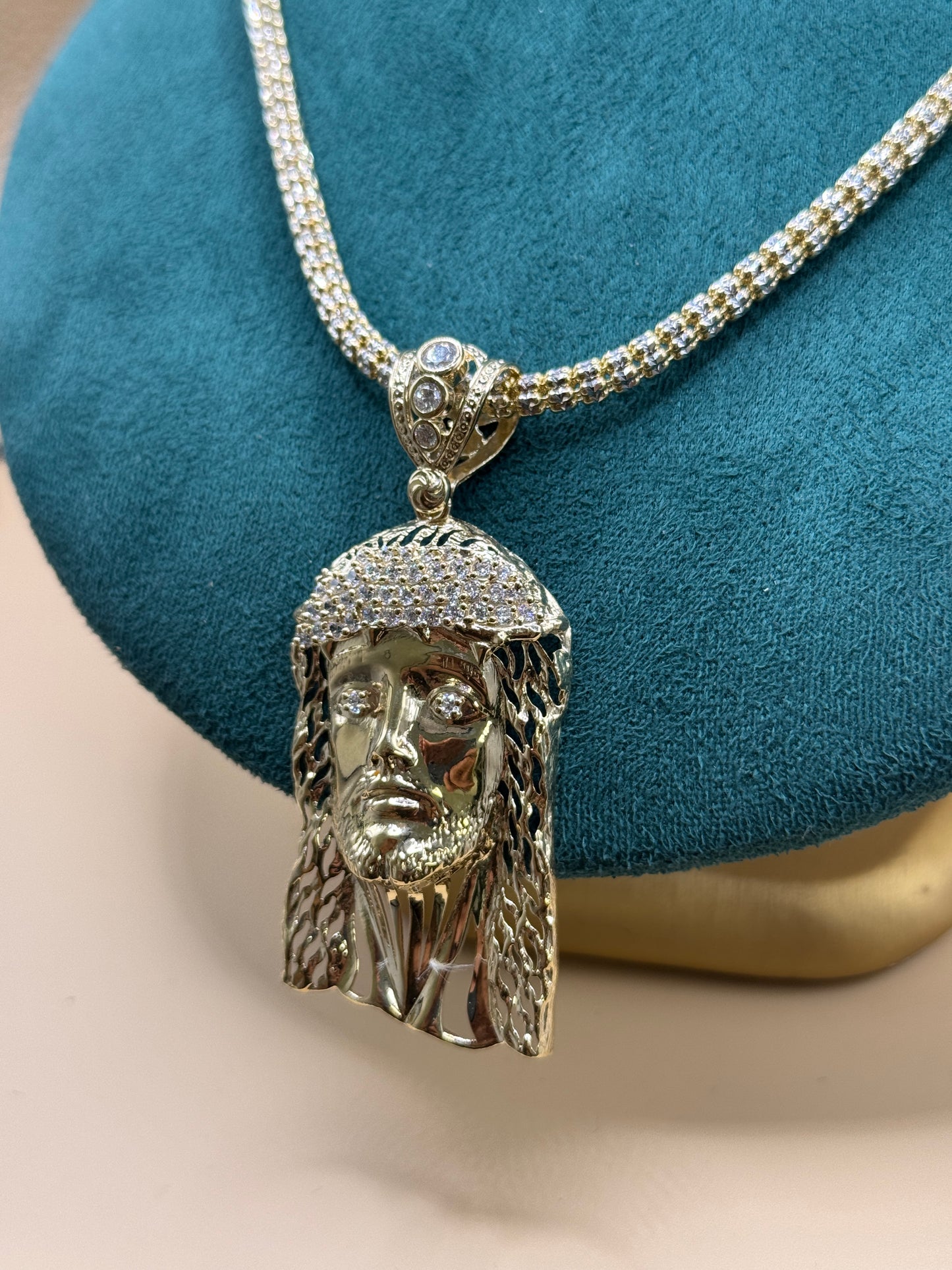 14K Gold Diamond Cut Ice Chain 24” with Jesus Face Pendant – Heavy 44g Real Gold Chain, Statement Jewelry