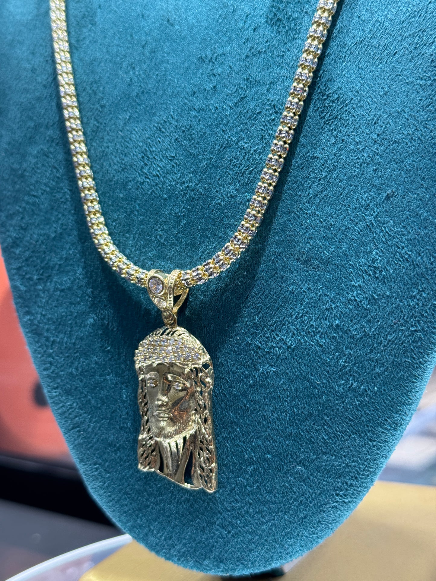 14K Gold Ice Chain with Jesus Face Pendant 24”