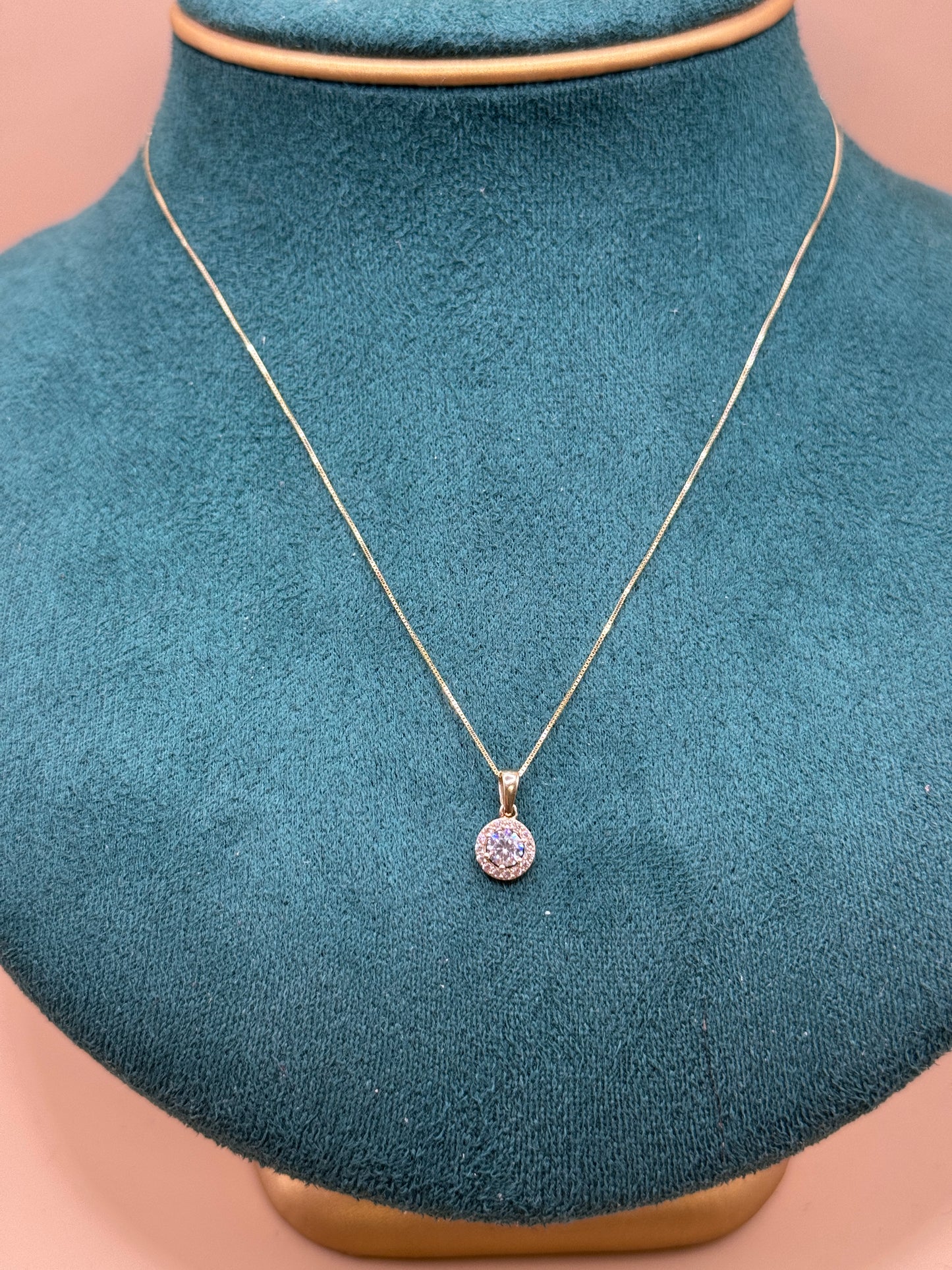14K Solid Gold Box Chain Necklace 16 Inch with Round CZ Pendant, Dainty Gold Necklace, Minimalist Everyday Jewelry, Gift for Her