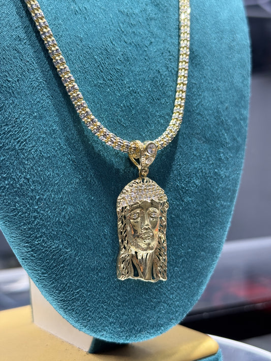 14K Gold Ice Chain with Jesus Face Pendant 24”