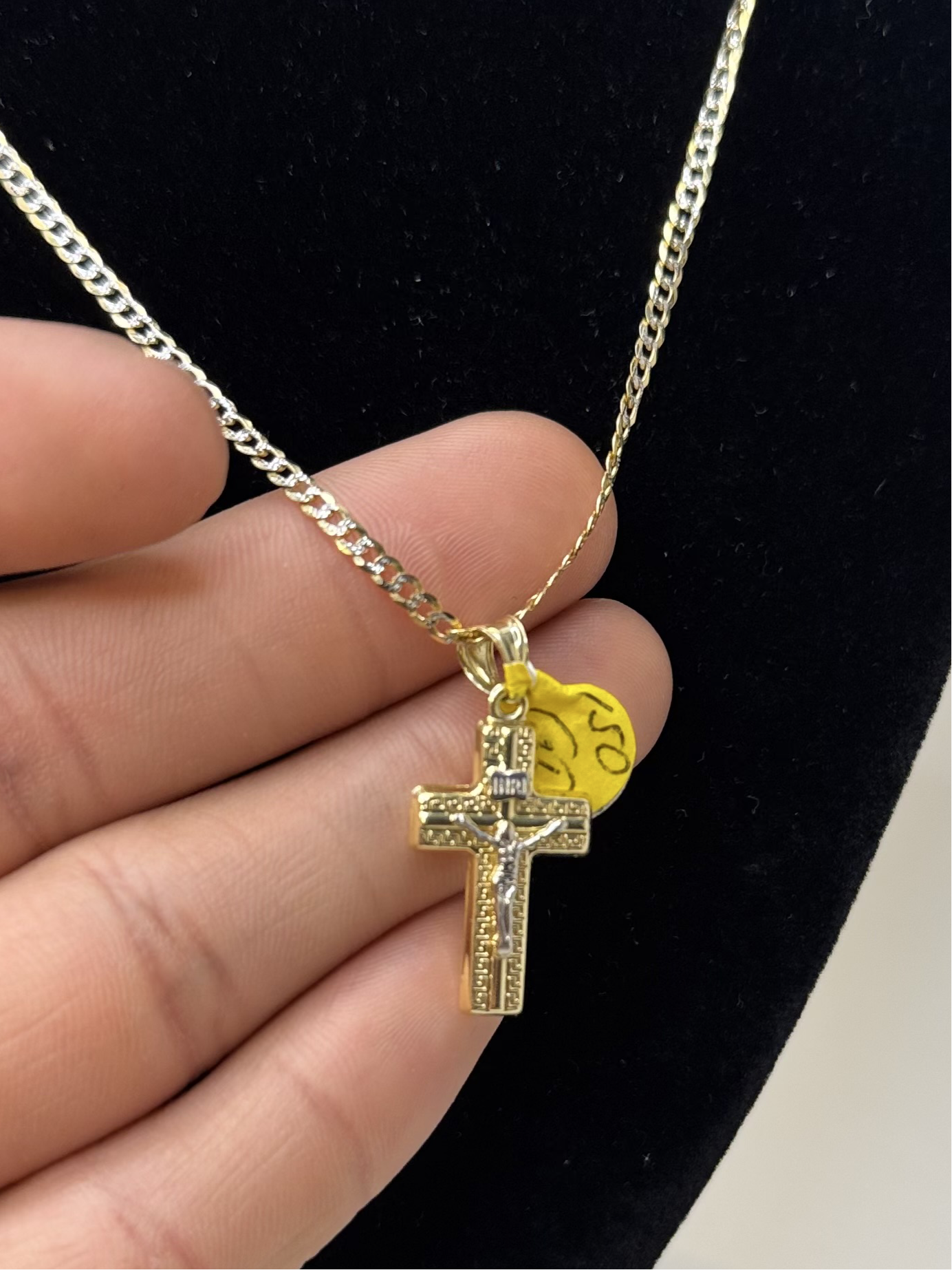 14k Gold 2 tone 16 inch curbed link chain with crucifix pendant
