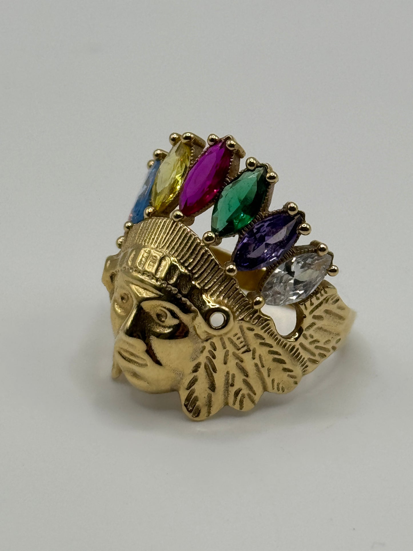 14K Gold Indian Ring with Multi-Stone Head for men size 10”