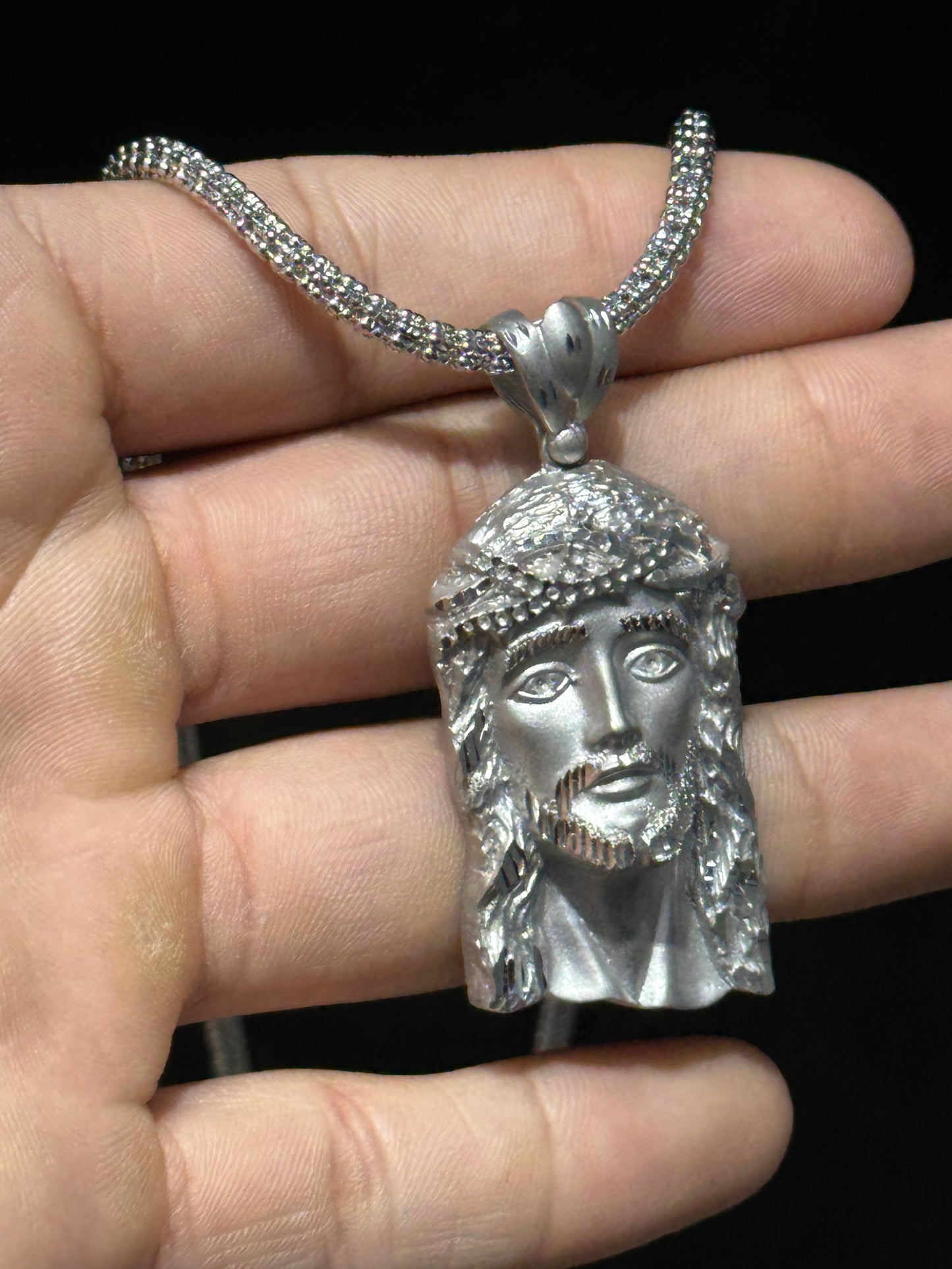 14K White Gold Moon Ice Chain – 20” with Jesus Face Pendant
