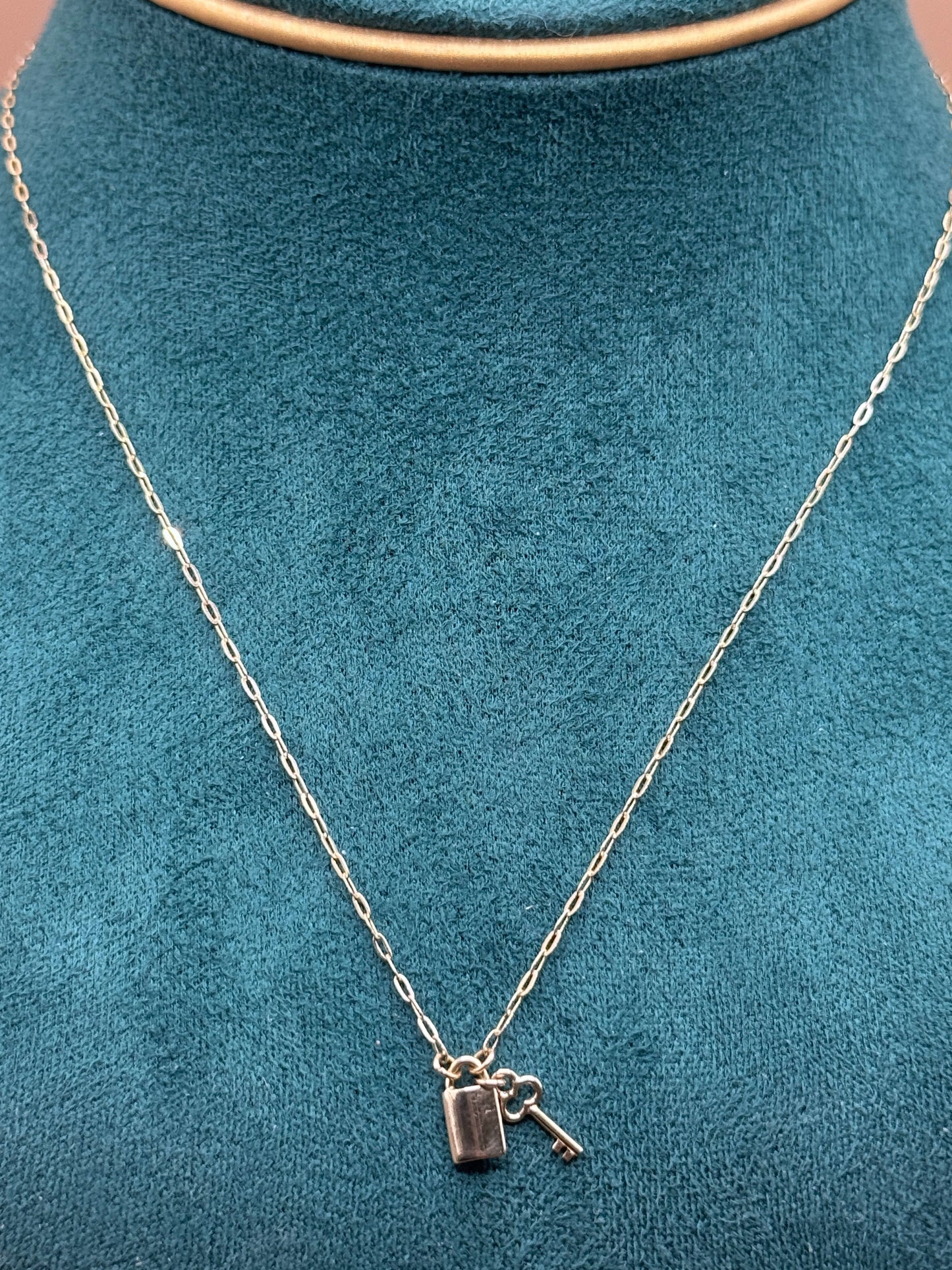 14K Gold Paperclip Charm Necklace – 16” Adjustable with Lock Pendant (Women)