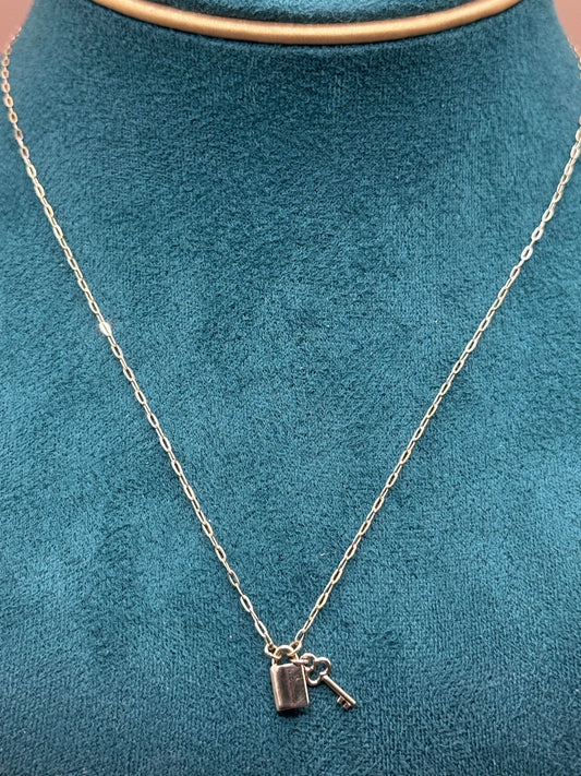 14K Gold Paperclip Charm Necklace – 16” Adjustable with Lock Pendant (Women)