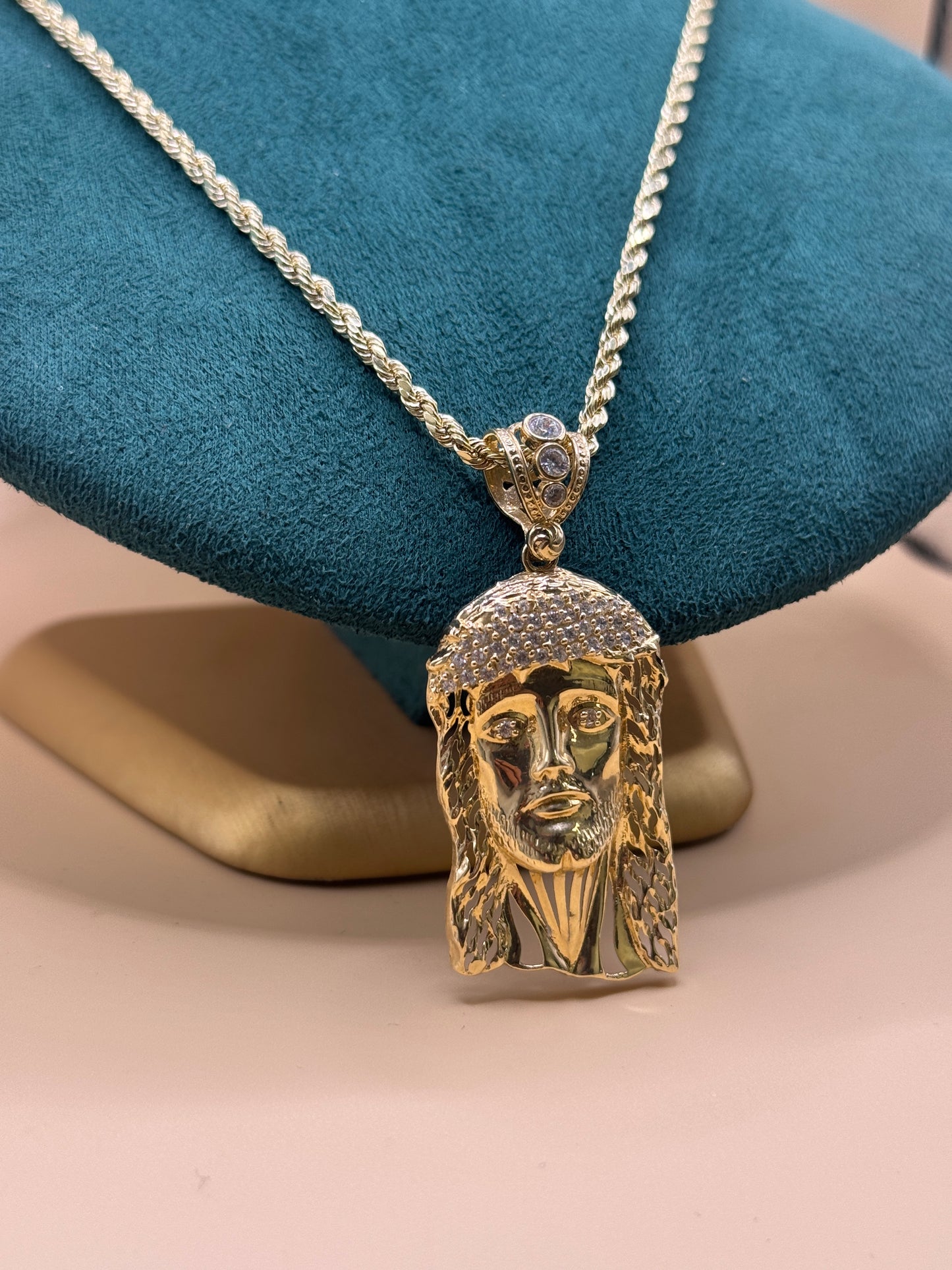 14K Gold Rope Chain 22” with Jesus Face Pendant – Real Gold Necklace 13–16g, Religious Jewelry for Men & Women