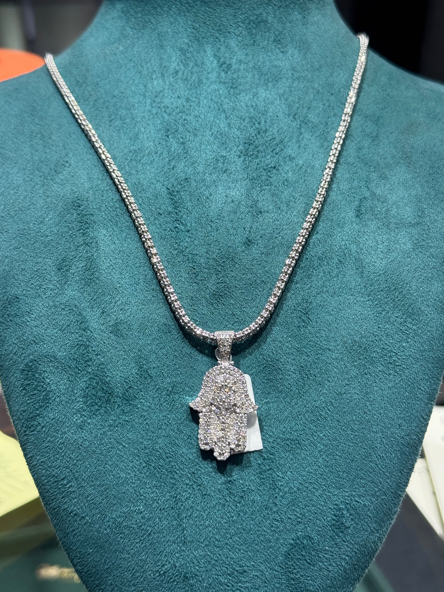 14K White Gold Ice Chain – 24” with Natural Diamond Hamsa Pendant (3mm Chain)
