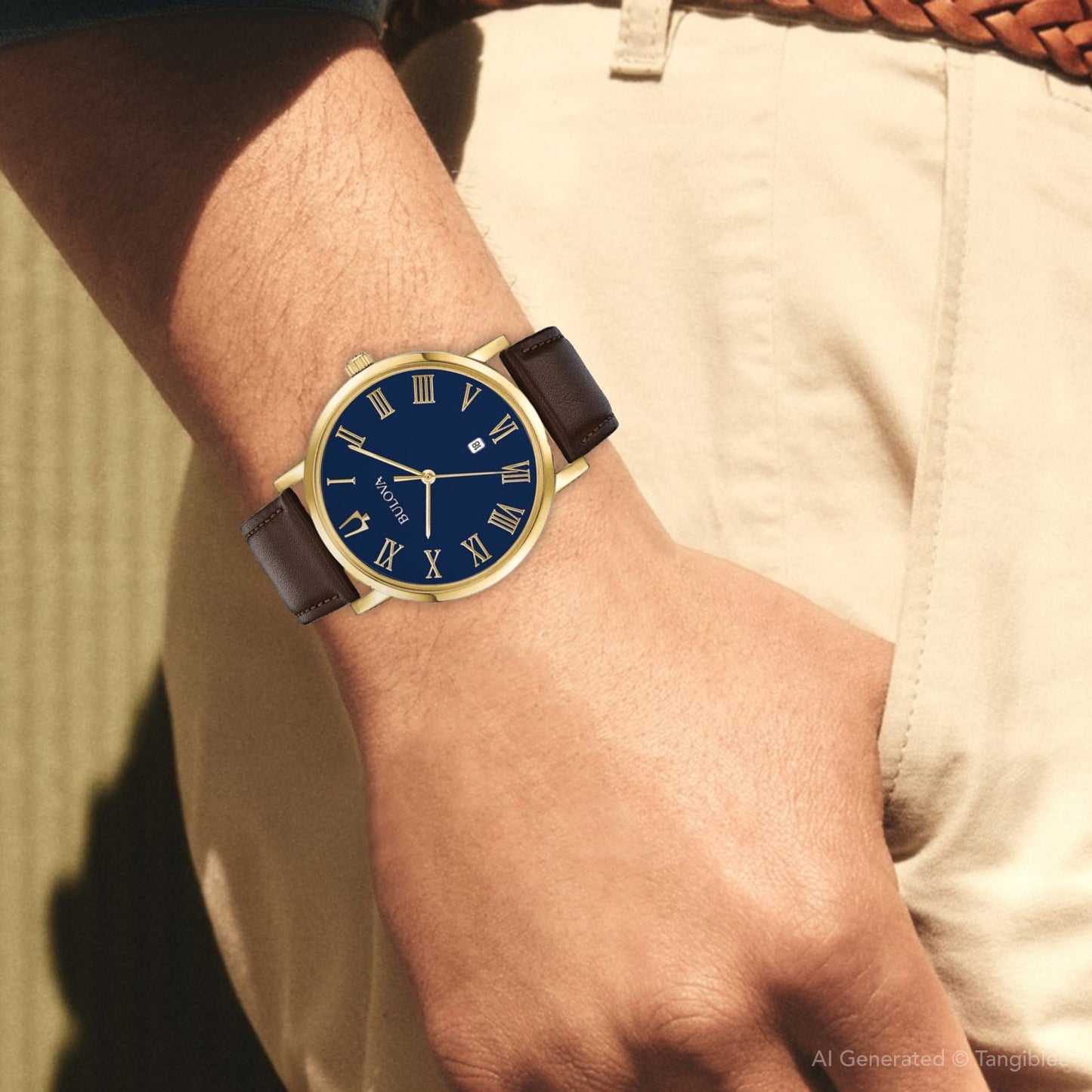 Men's Bulova Classic Gold-Tone Strap Watch with Blue Dial (Model: 97B177)