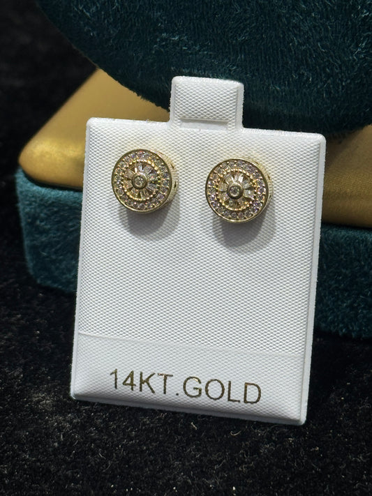 14K Gold Baguette Round Stud Earrings – Timeless Shine for Every Day