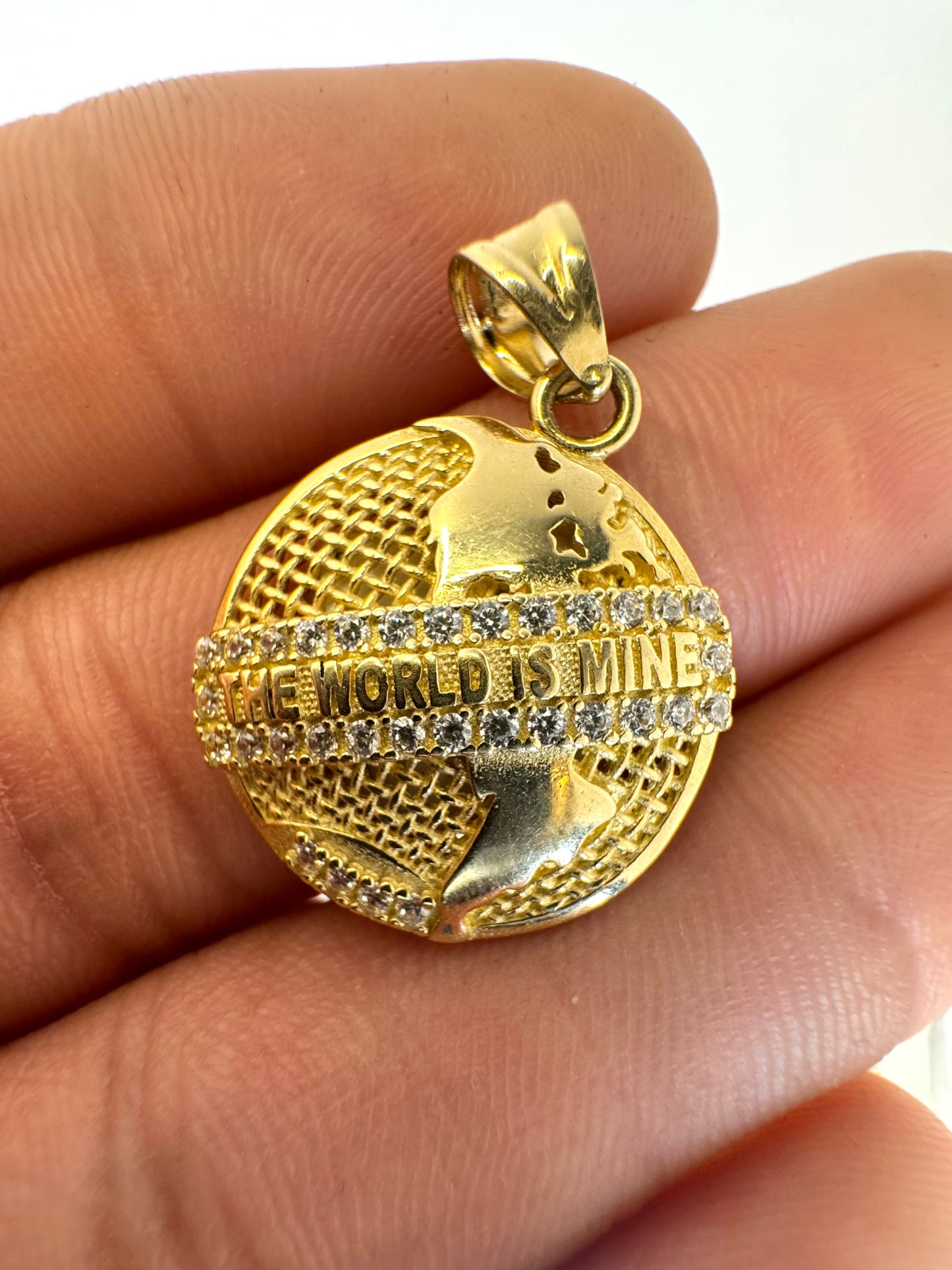 14k Gold inspired world pendant with cubic zirconia