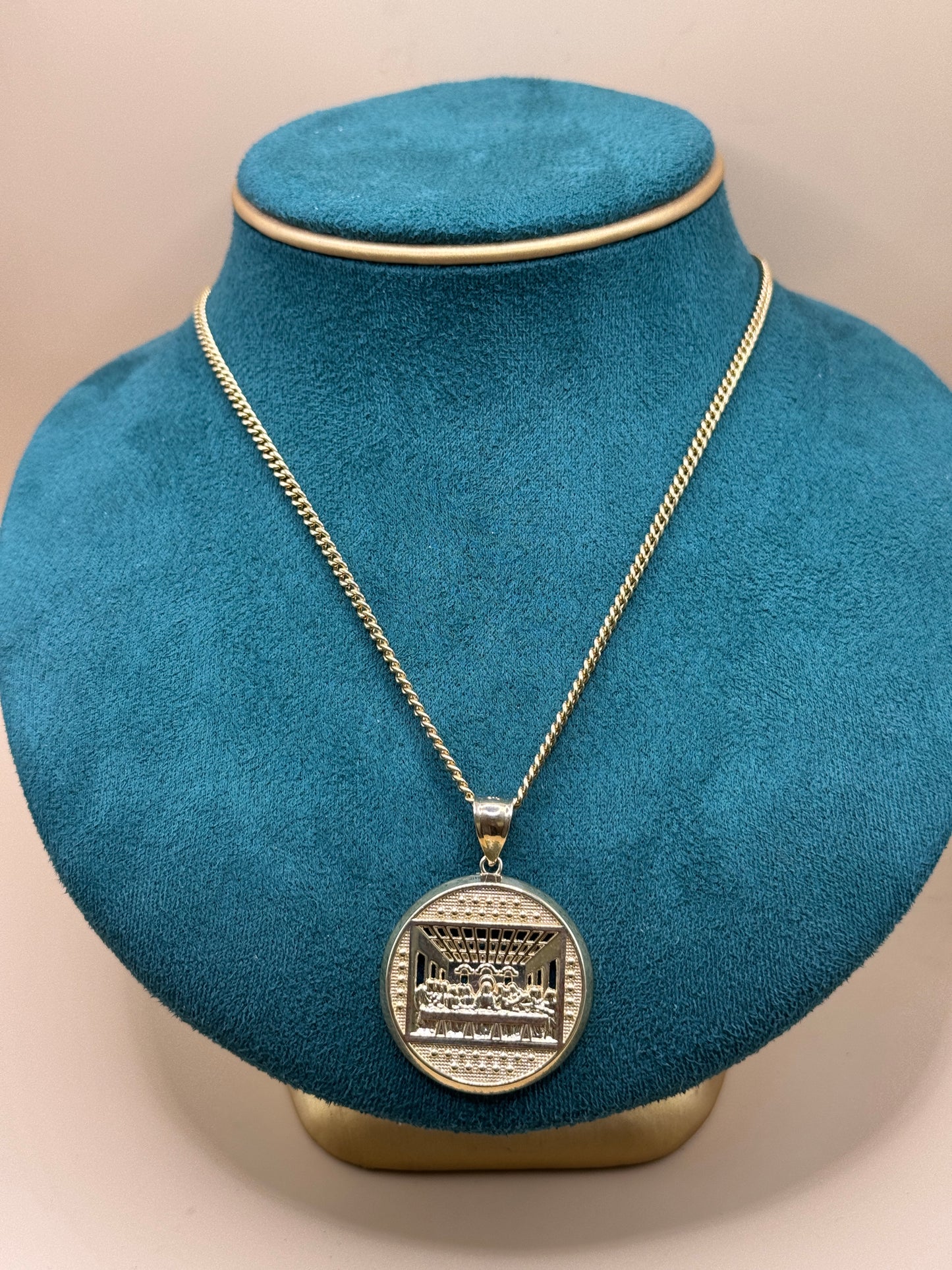 14K Gold Miami Cuban Link Chain 22” with Last Supper Pendant – Real Gold Necklace 10–13g, Religious Jewelry for Men