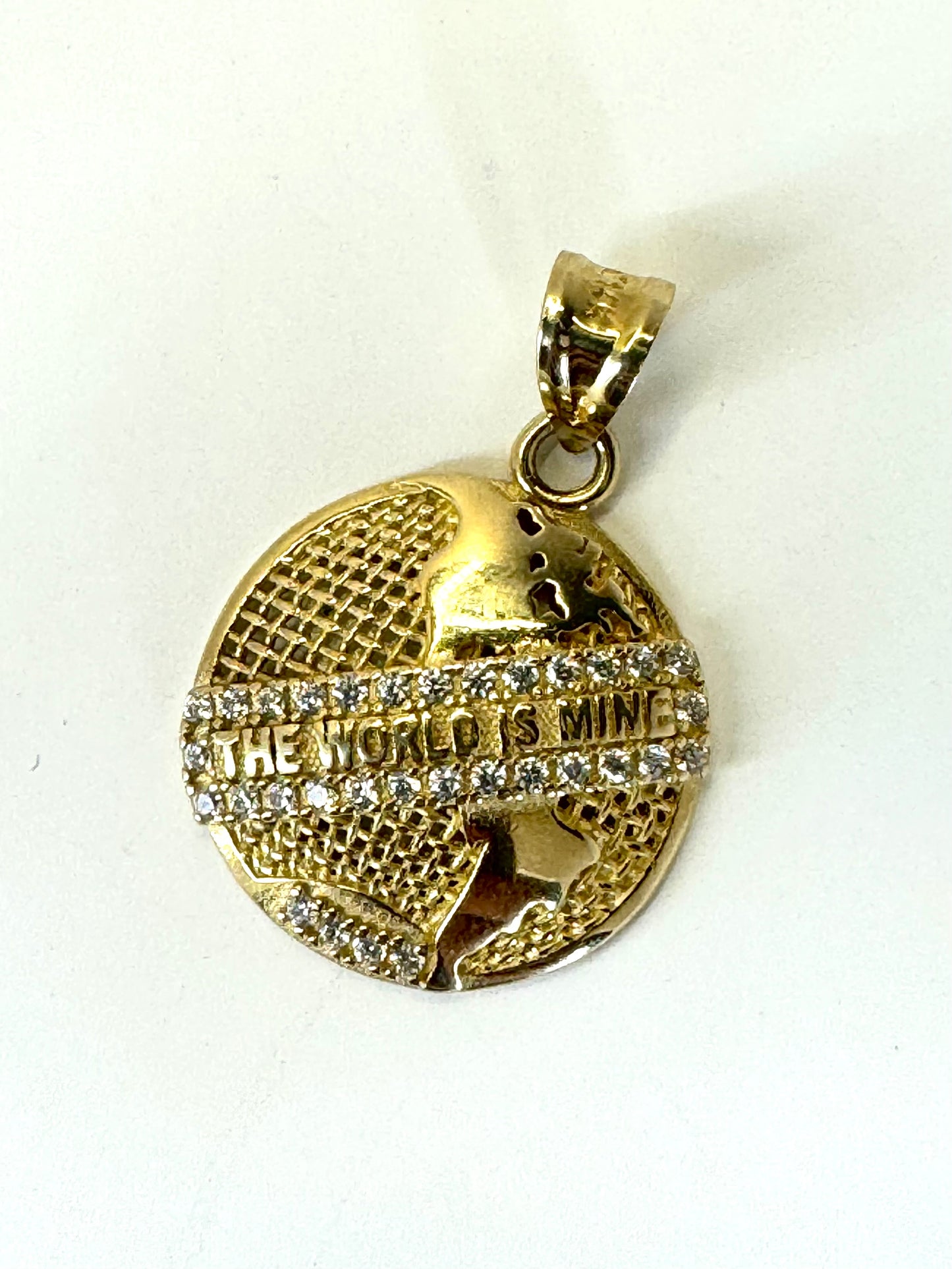 14k Gold inspired world pendant with cubic zirconia