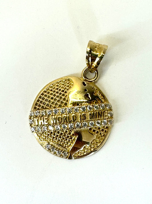14k Gold inspired world pendant with cubic zirconia
