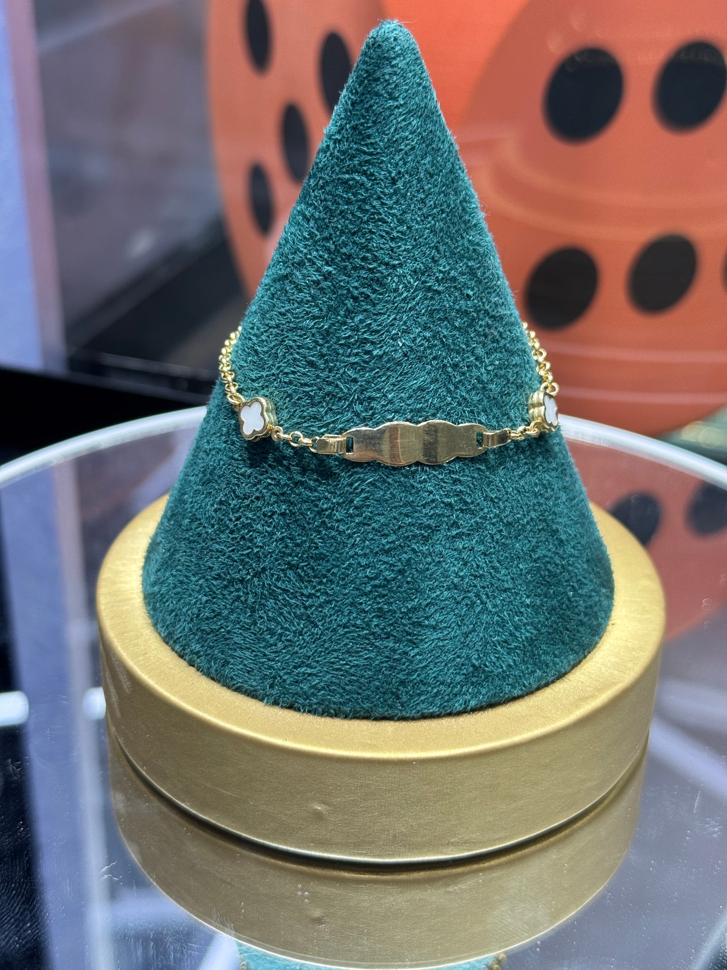 14k gold Baby engraved clover bracelet 6” inch long