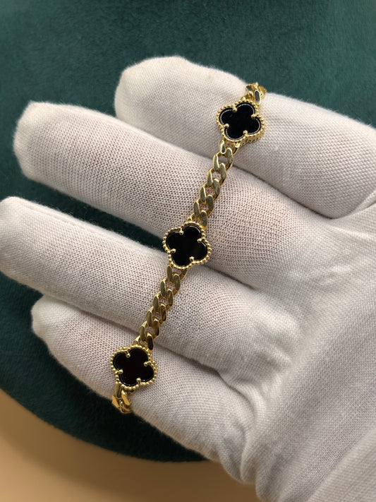 14K Gold Flat Cuban Link Bracelet 7.5 Inch with Black Clover Charm, Solid Gold Clover Bracelet, Luxury Gold Jewelry Gift
