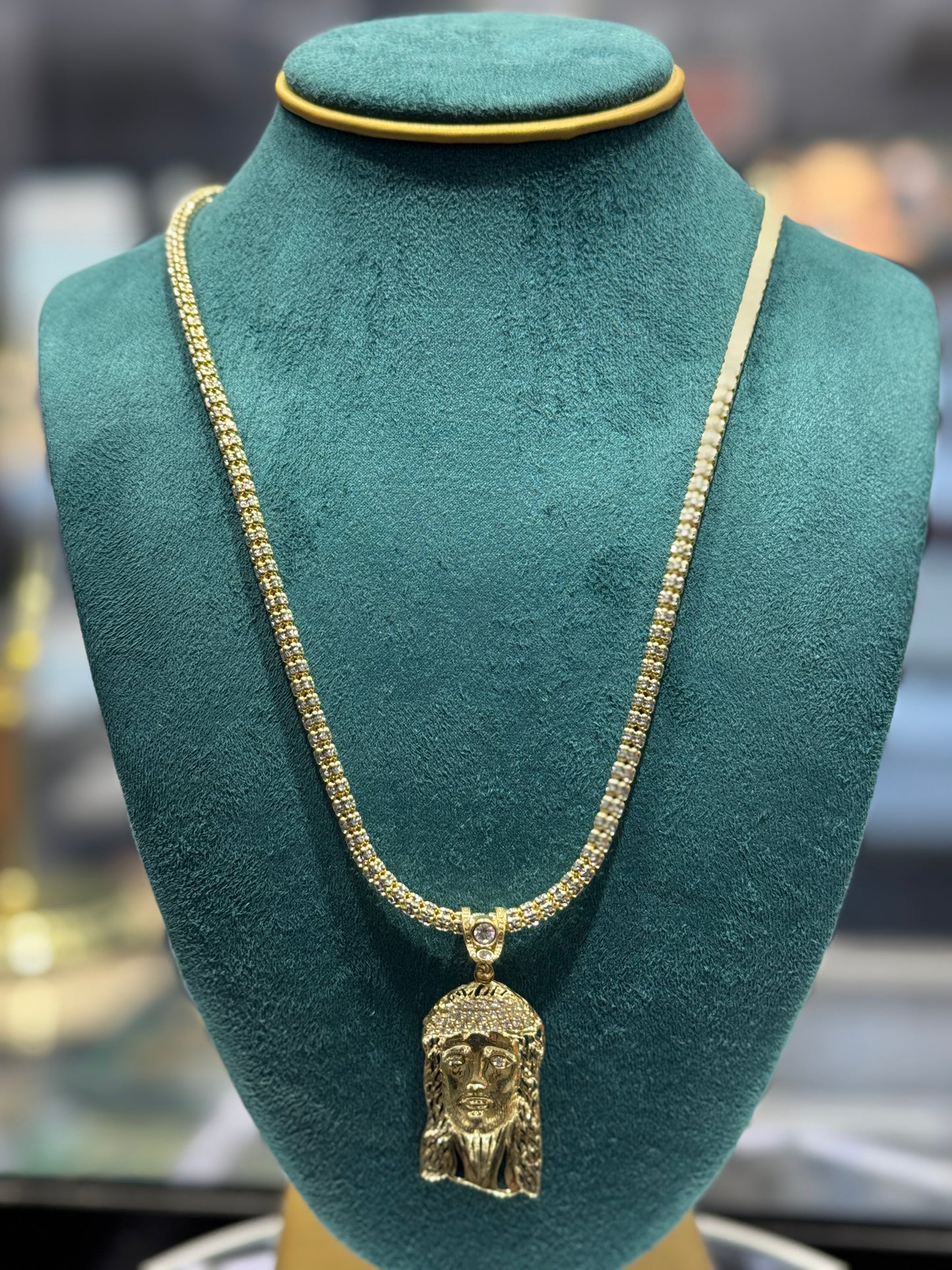 14K Gold Ice Chain with Jesus Face Pendant 24”