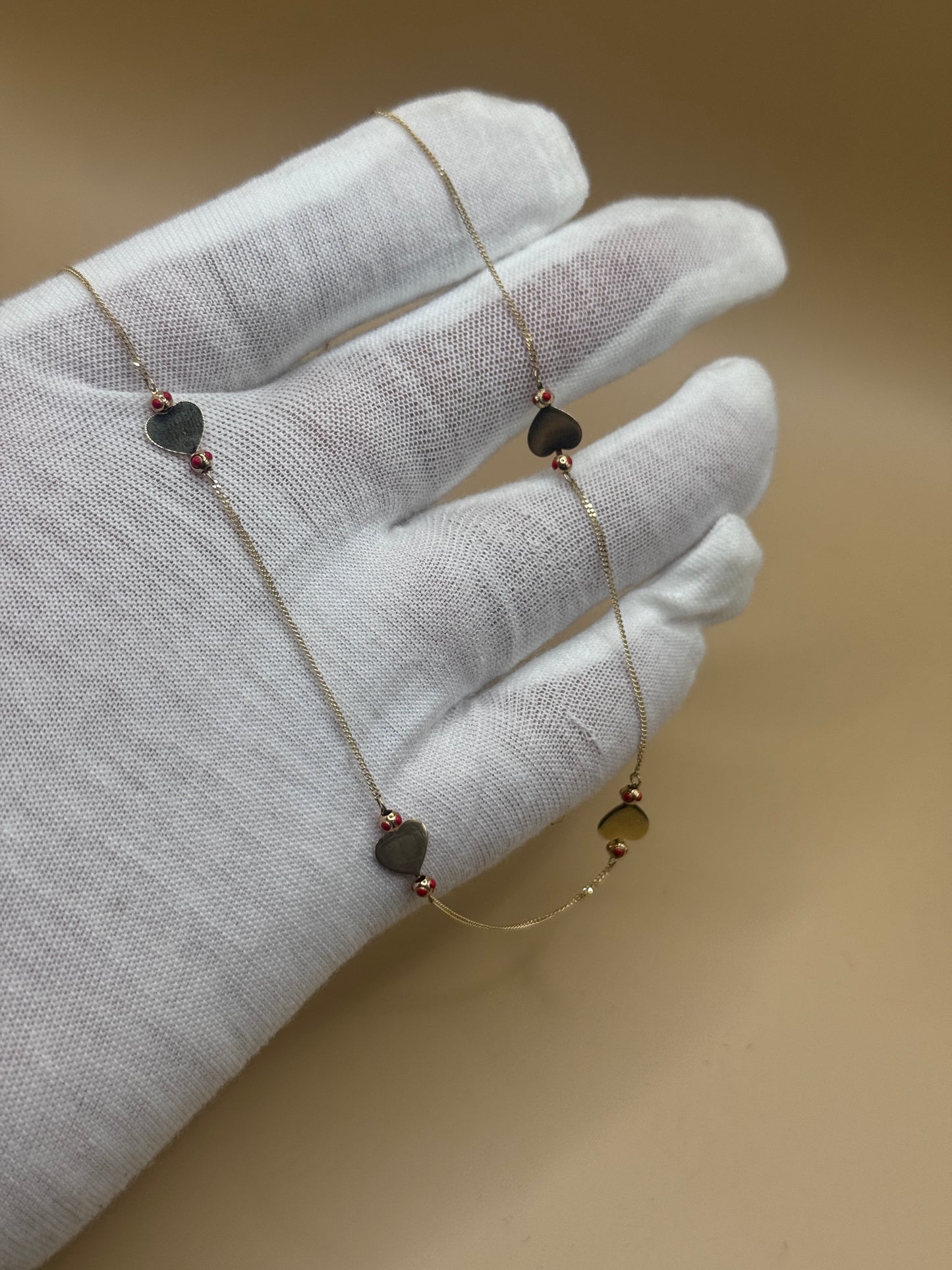14K Gold Heart Charm Jewelry Set – Adjustable 17” Necklace & 7” Bracelet with Red Accents, Gift for Her
