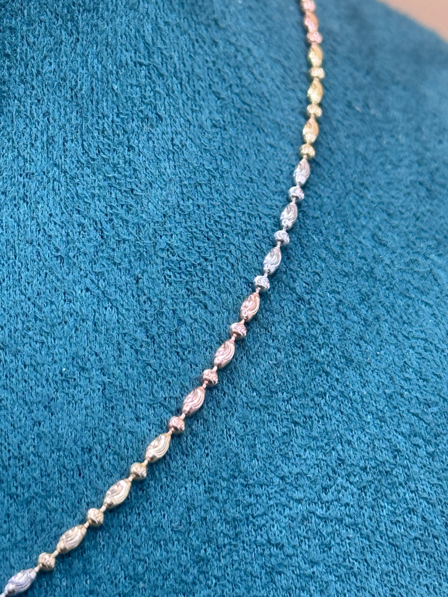 14K Tri Tone Gold Beaded Necklace 16” – White Yellow Rose Gold Necklace for Women, Dainty Choker Jewelry