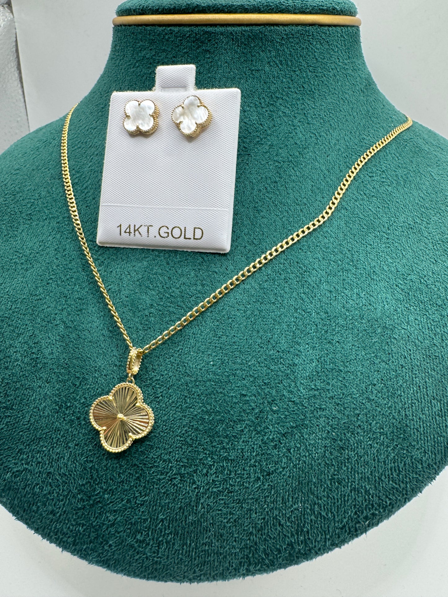 14K Gold Clover Bundle – 20” Curb Link Necklace for women with Clover Pendant & Clover Earrings
