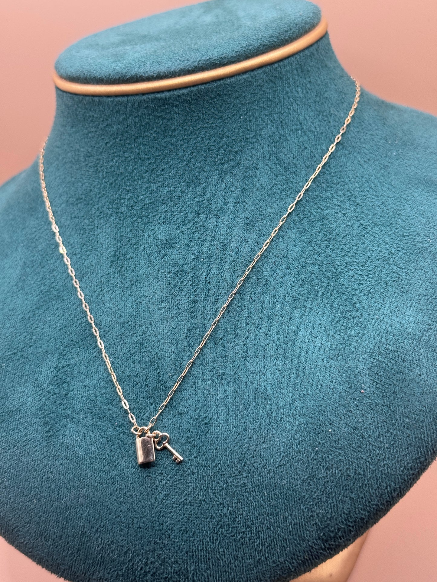 14K Gold Paperclip Charm Necklace – 16” Adjustable with Lock Pendant (Women)