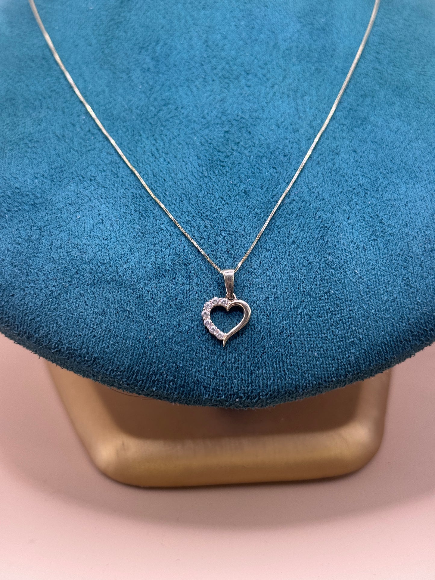 14K Solid Gold Box Chain Necklace 18 Inch with heart CZ Pendant, Dainty Gold Necklace, Minimalist Everyday Jewelry, Gift for Her