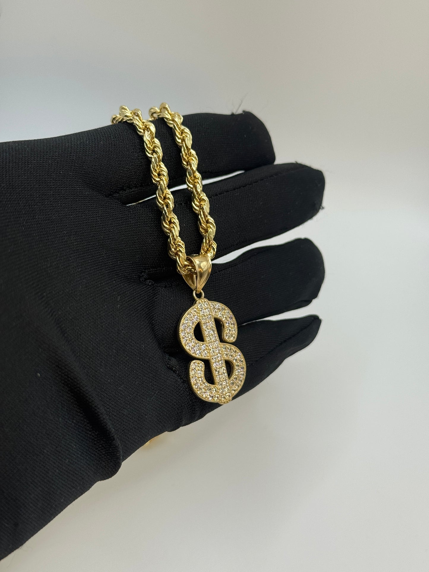 14K Gold Rope Chain Necklace with Money Sign Pendant – Men’s Luxury