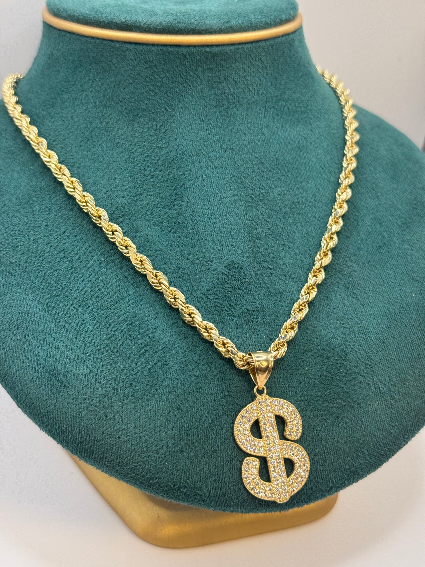 14K Gold Rope Chain Necklace with Money Sign Pendant – Men’s Luxury