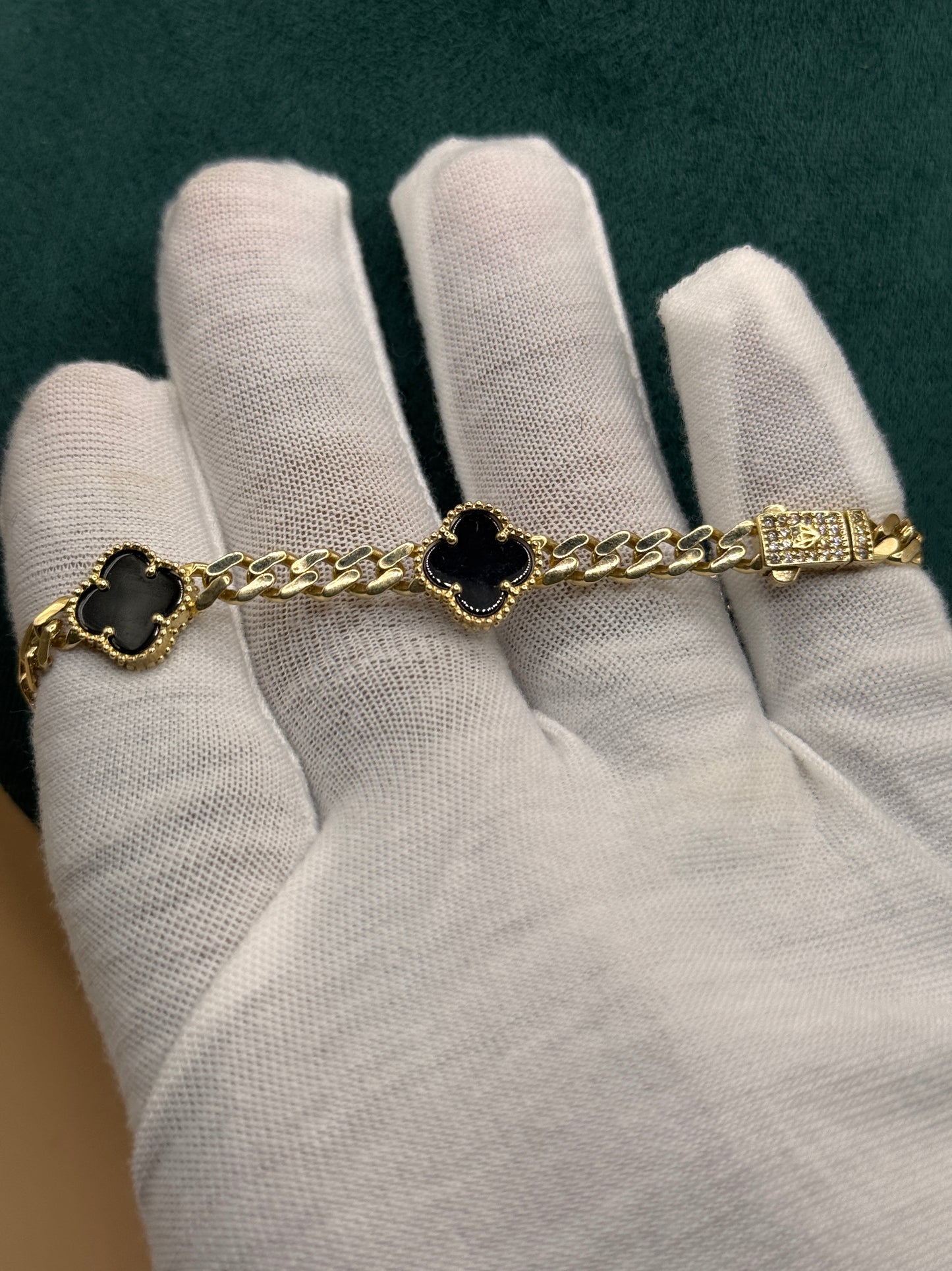 14K Gold Flat Cuban Link Bracelet 7.5 Inch with Black Clover Charm, Solid Gold Clover Bracelet, Luxury Gold Jewelry Gift