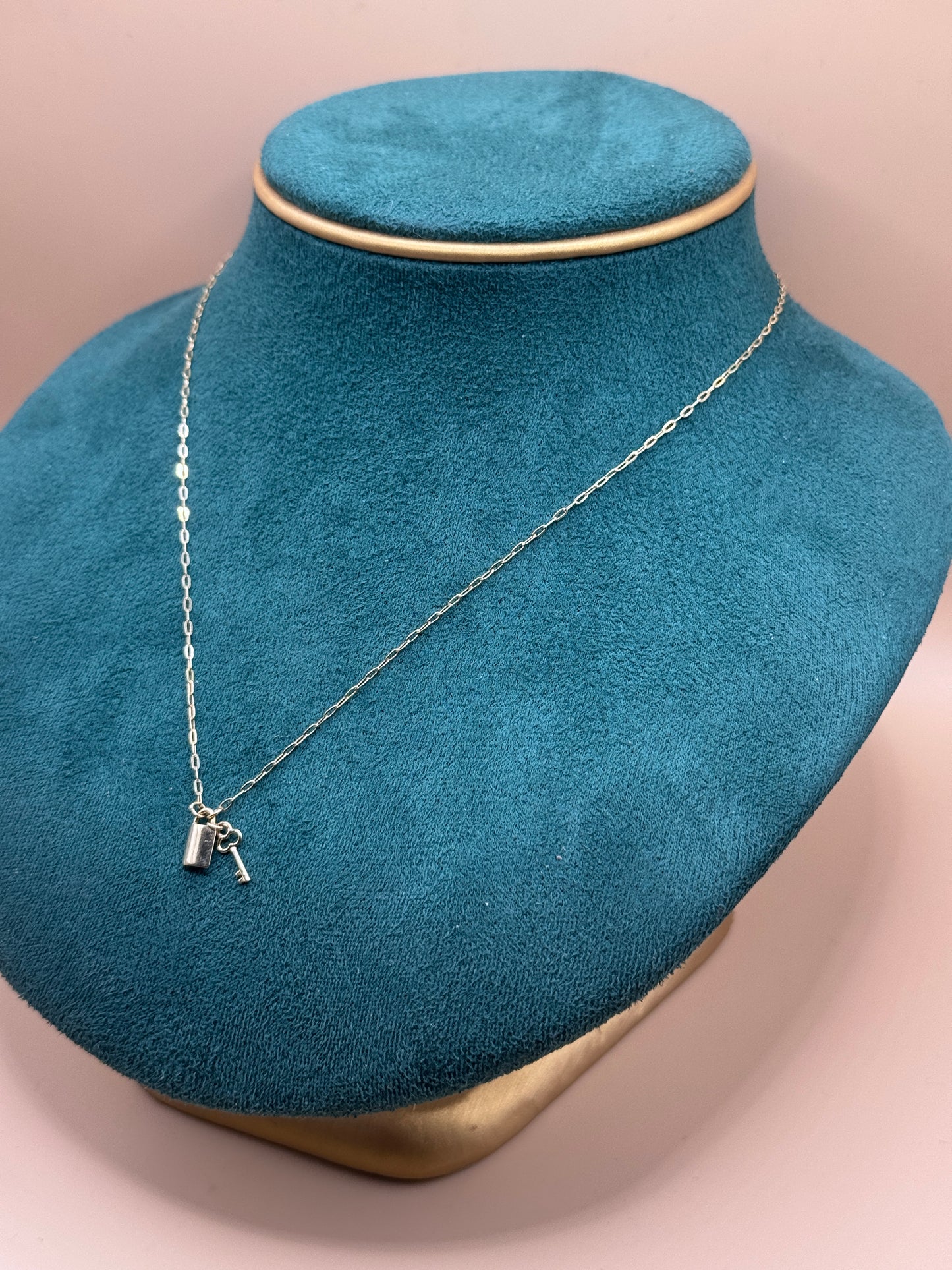 14K Gold Paperclip Charm Necklace – 16” Adjustable with Lock Pendant (Women)