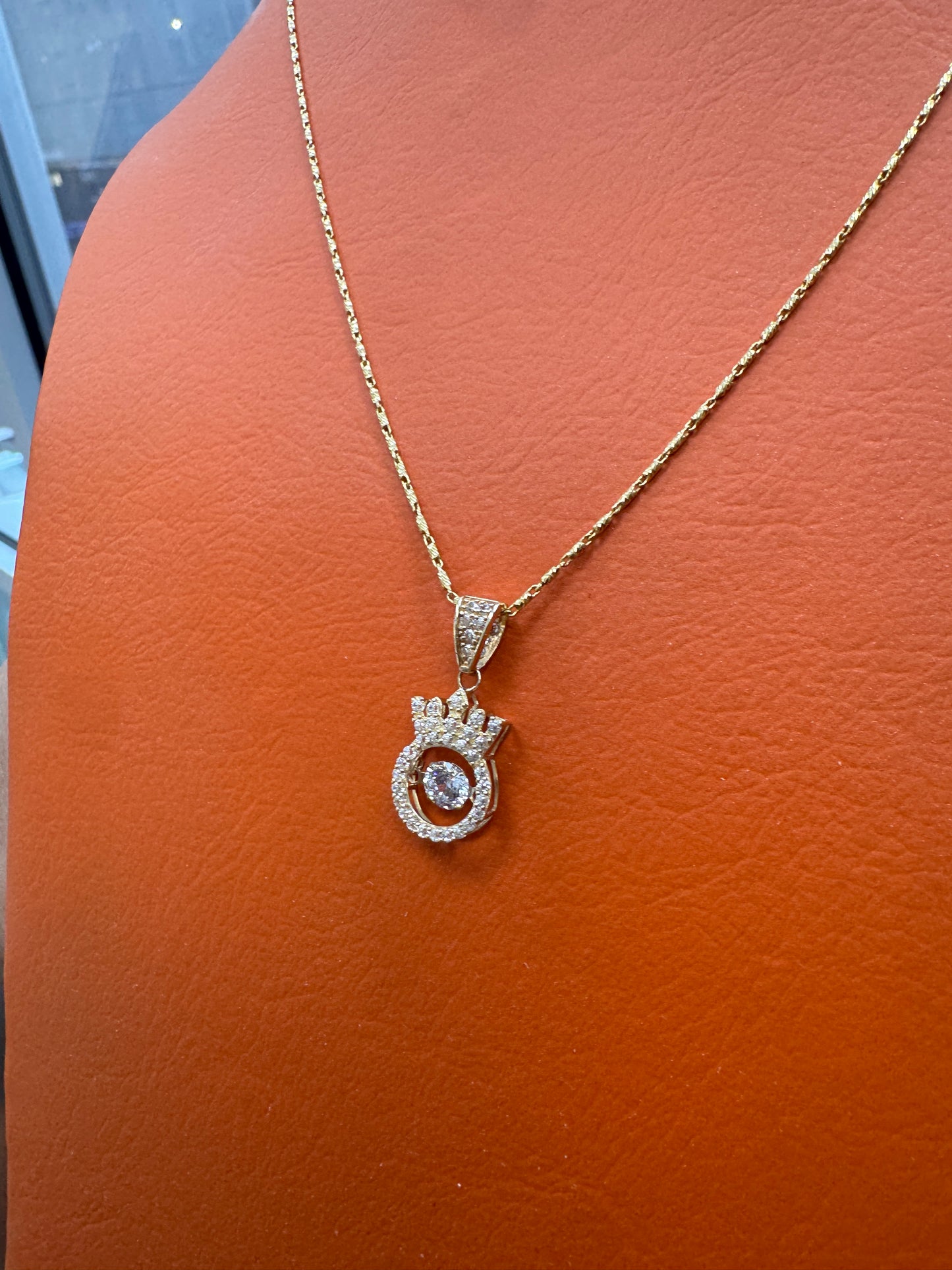 14K Gold Diamond Cut Necklace 20 Inch with Crown CZ Pendant, Royal Crown Necklace, CZ Gold Pendant, Statement Jewelry Gift