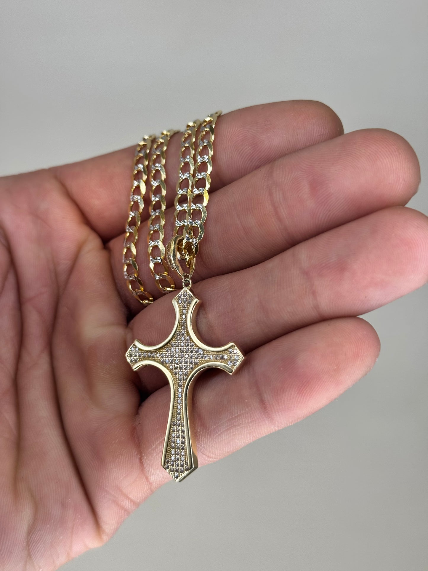14k gold Two-Tone Curb Link 22”inch Cross Necklace