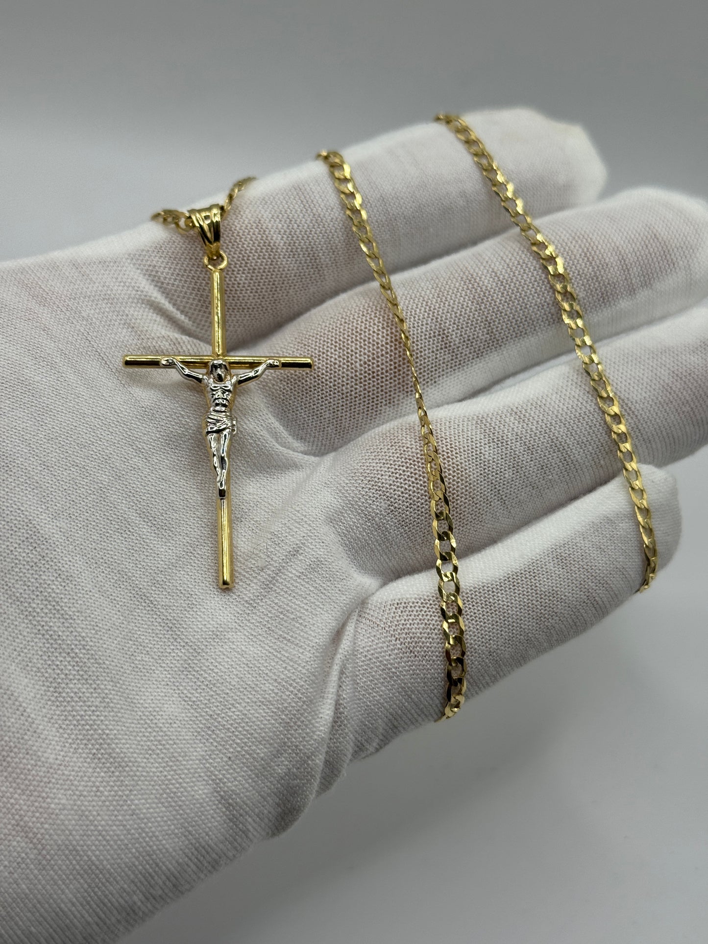 14K Gold Curb Link Necklace with Jesus Crucifix Pendant – 22” (3.3mm) for men