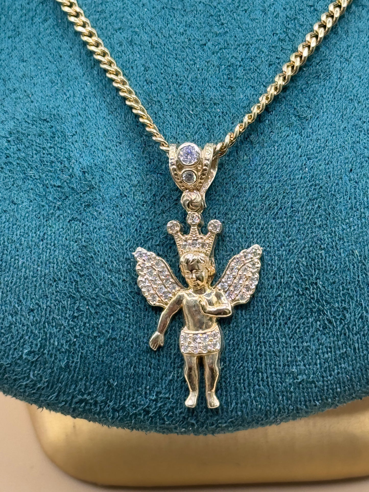 14K Gold Miami Cuban Chain 22 Inch with Angel Pendant, Solid Gold Cuban Link Necklace, Statement Gold Chain, Gift for Him Her