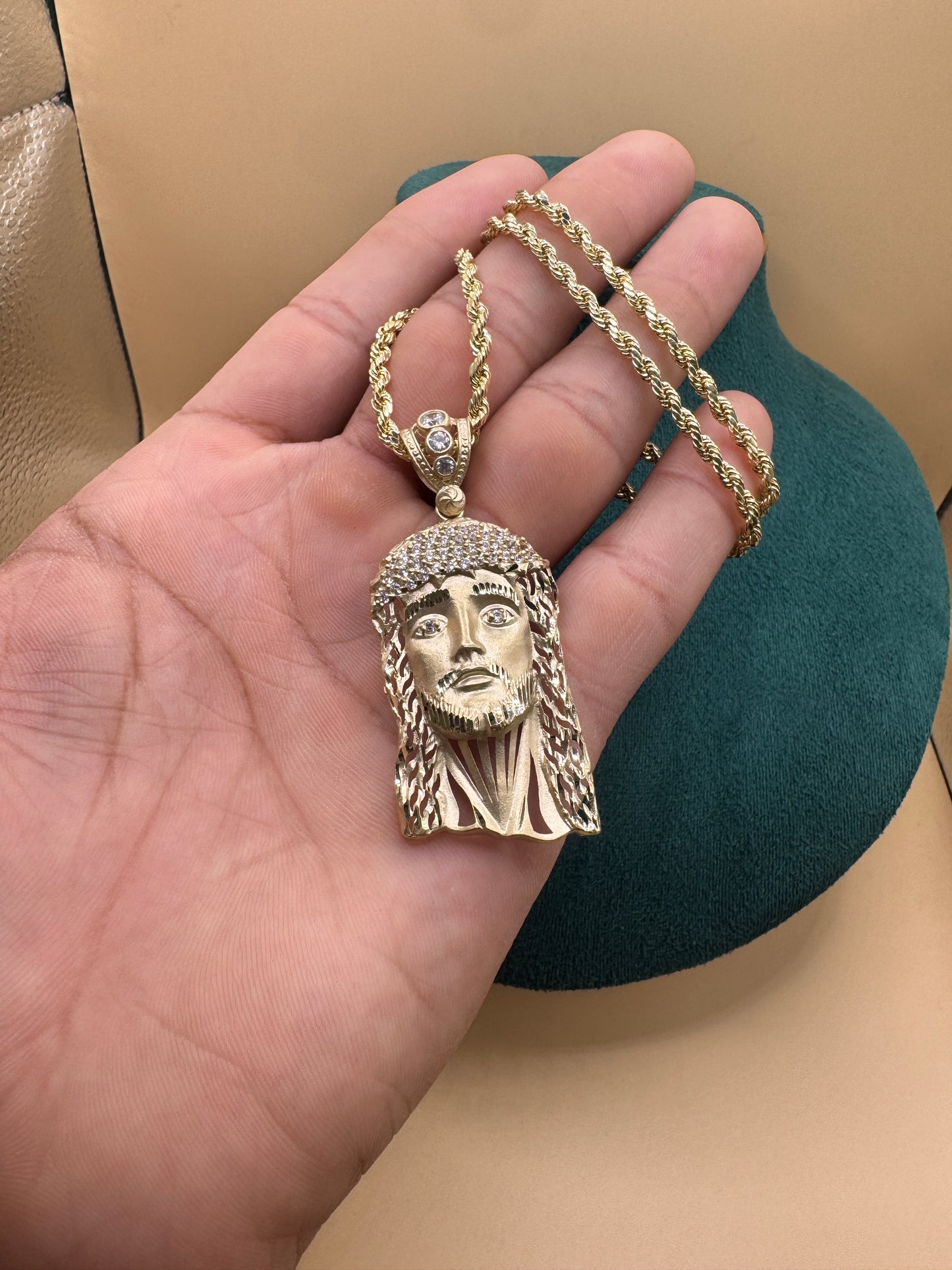 14K Gold Rope Chain 22” with Jesus Face Pendant – Real Gold Necklace 13–16g, Religious Jewelry for Men & Women matte gold
