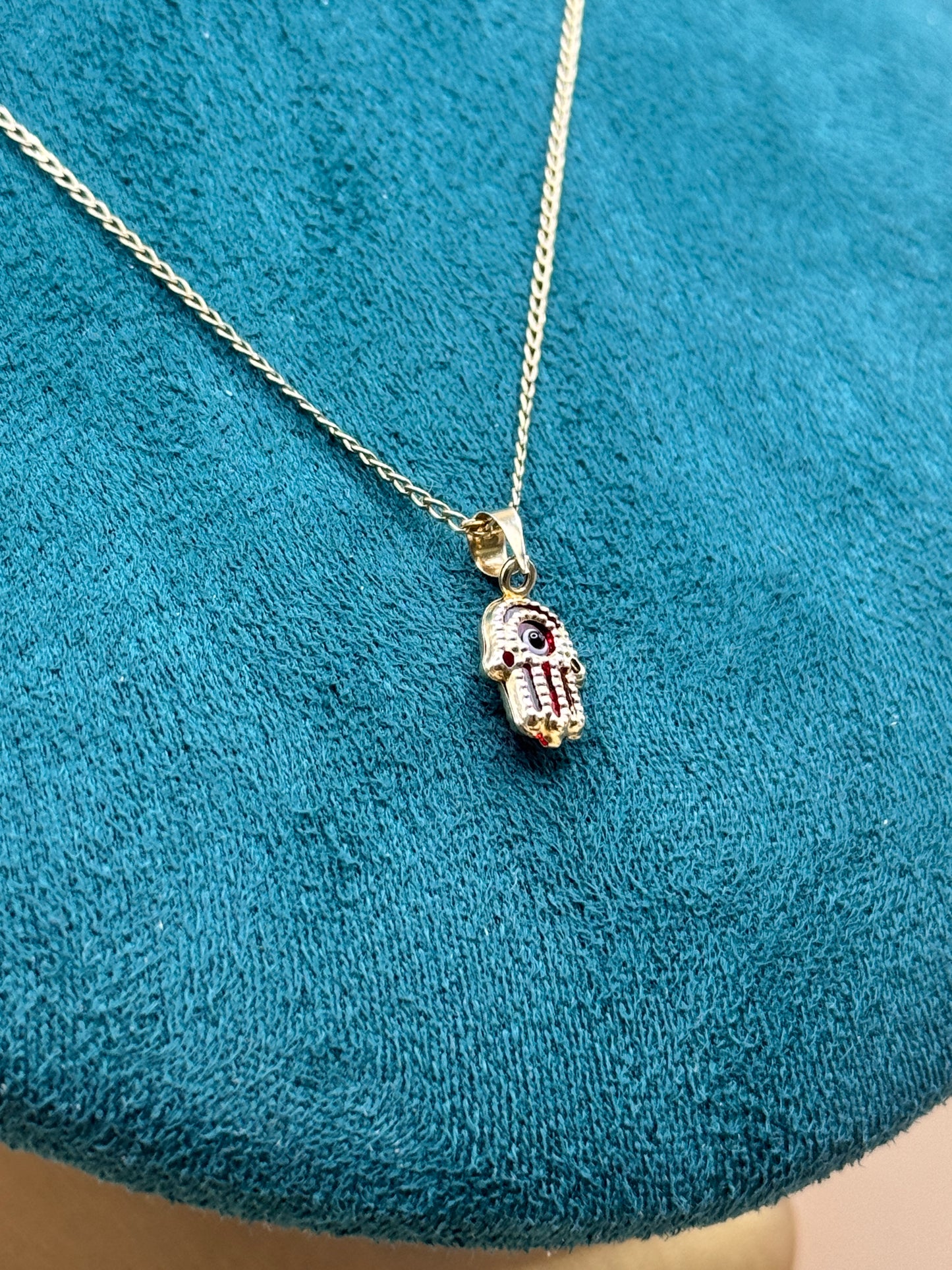 14K Gold Curb Link Necklace – 18” with Red Evil Eye Hamsa Pendant for women